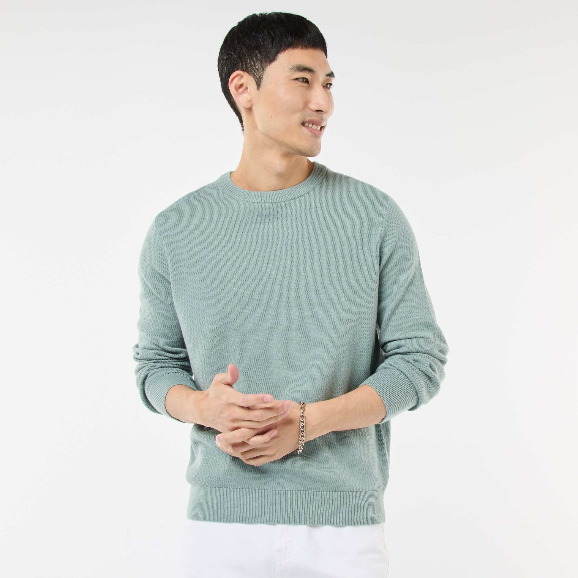 Sweater de punto fantasía con cuello redondo AZUL