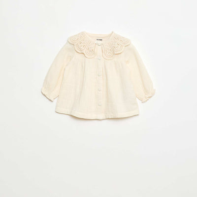 Blusa con cuello de crochet en gasa de algodón lisa BLANCO