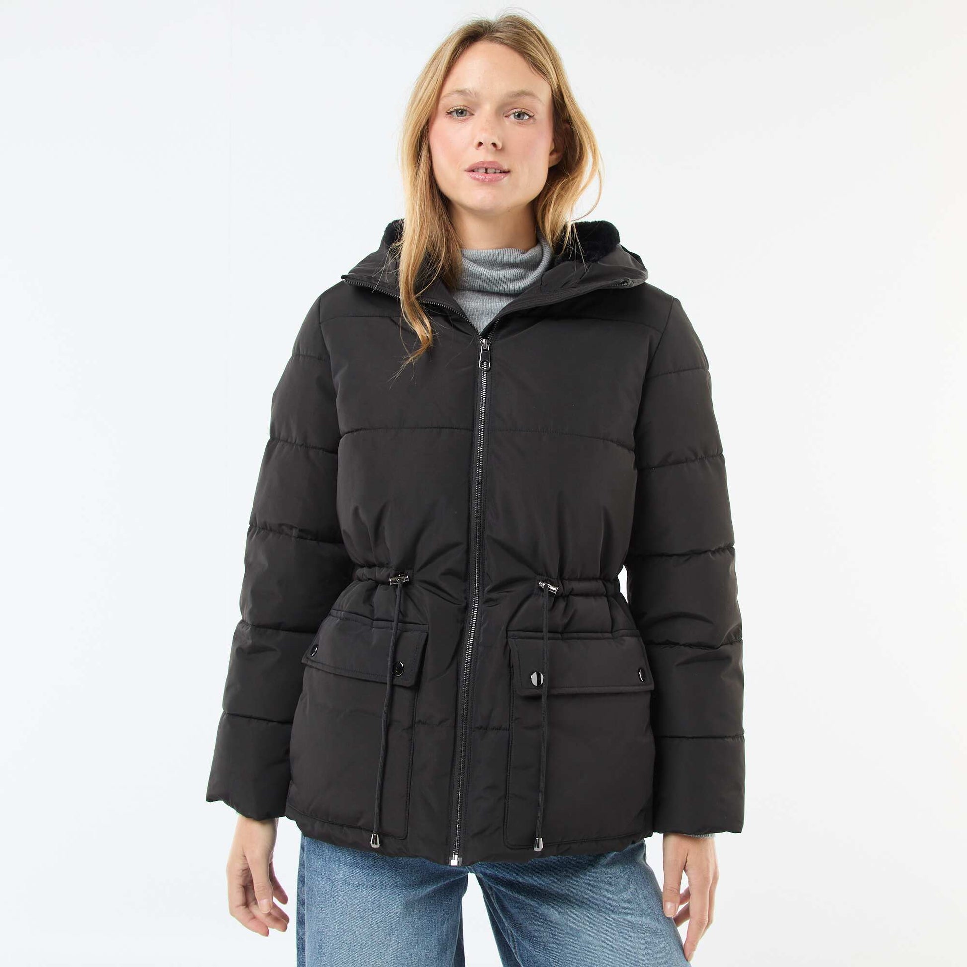 Abrigo acolchado midi con capucha NEGRO