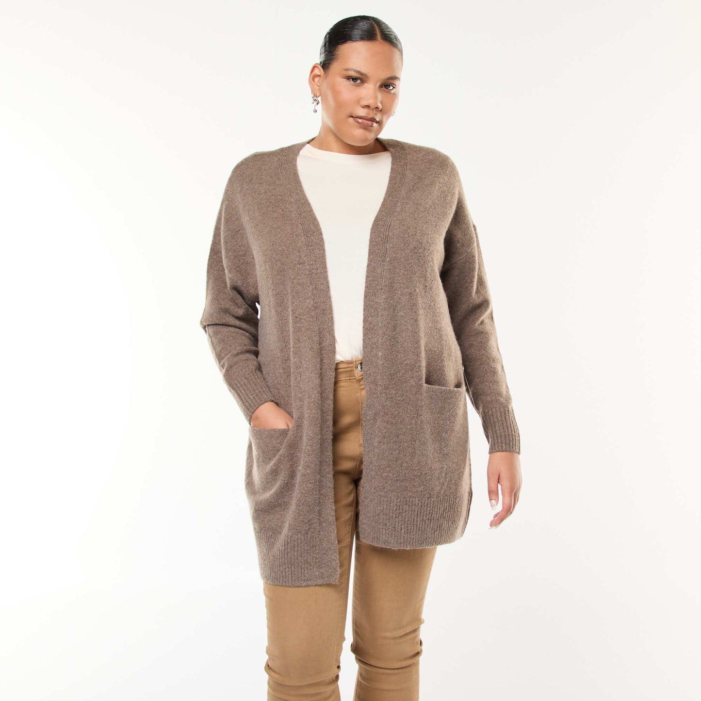Chaqueta larga de punto con 2 bolsillos MARRON