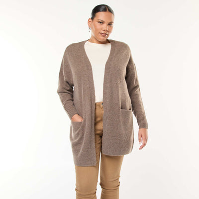 Chaqueta larga de punto con 2 bolsillos MARRON