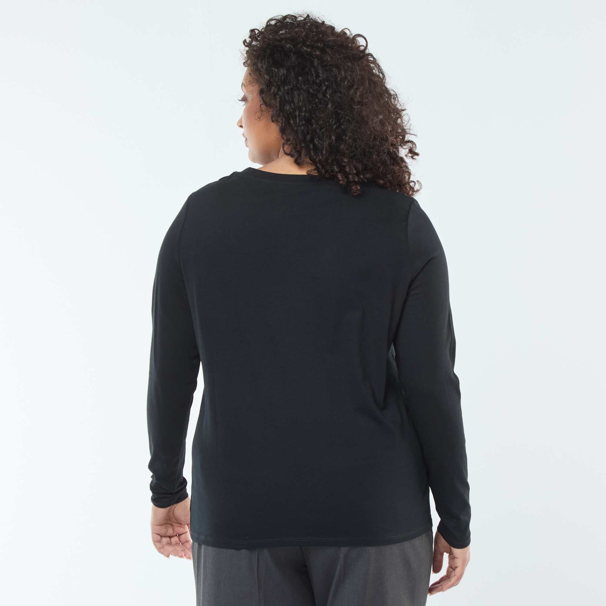Camiseta de punto con cuello en pico y manga larga NEGRO