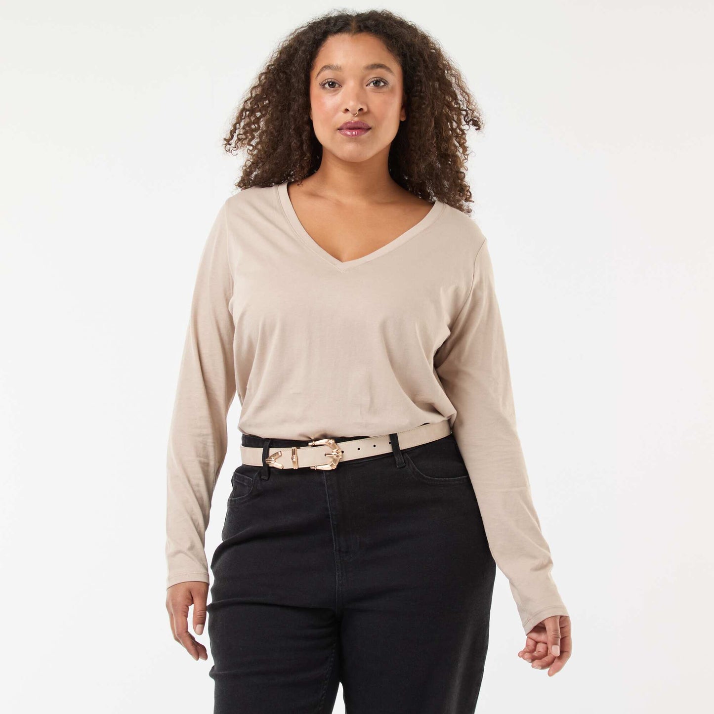 Camiseta de punto con cuello en V y manga corta BEIGE