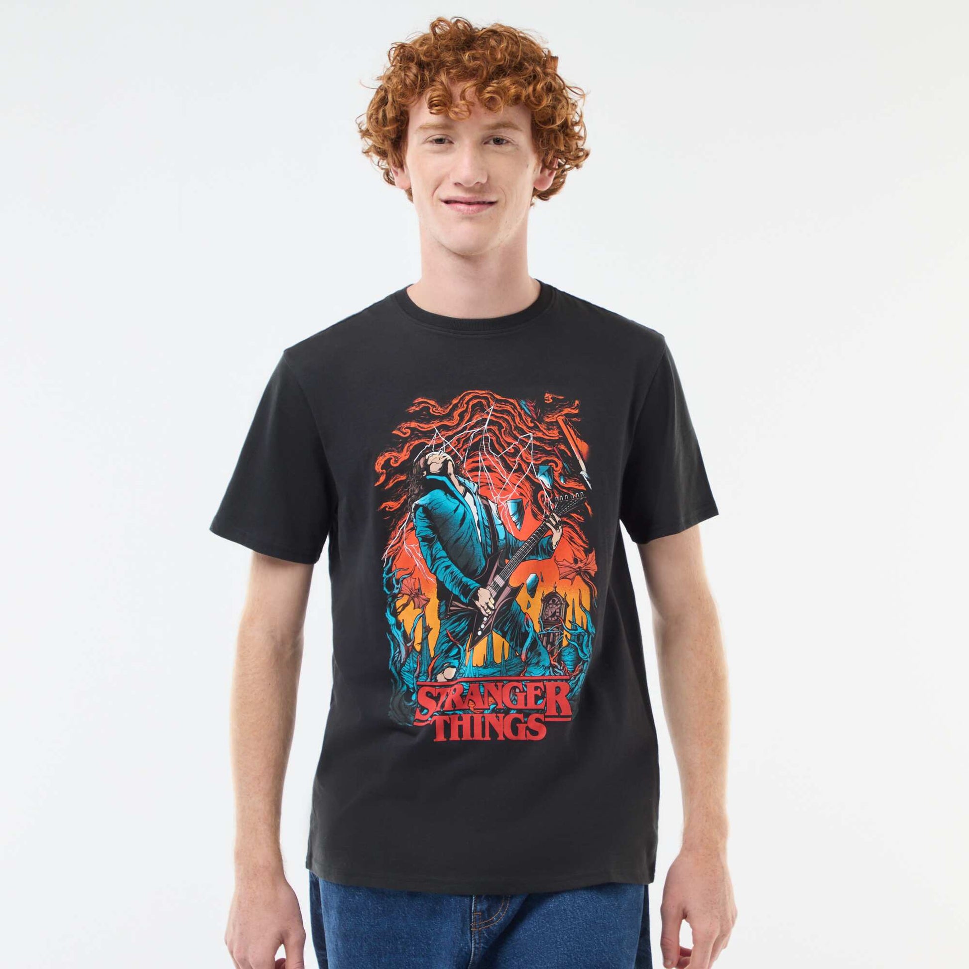 Camiseta 'Sun city' 'Stranger things' 'Netflix' de algodón NEGRO