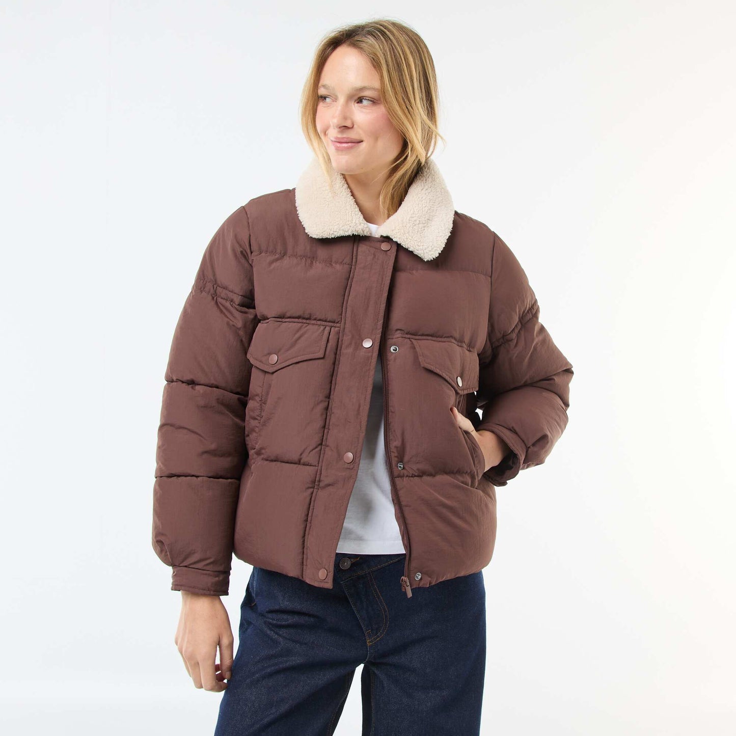 Campera acolchada con cuello efecto borreguito MARRON