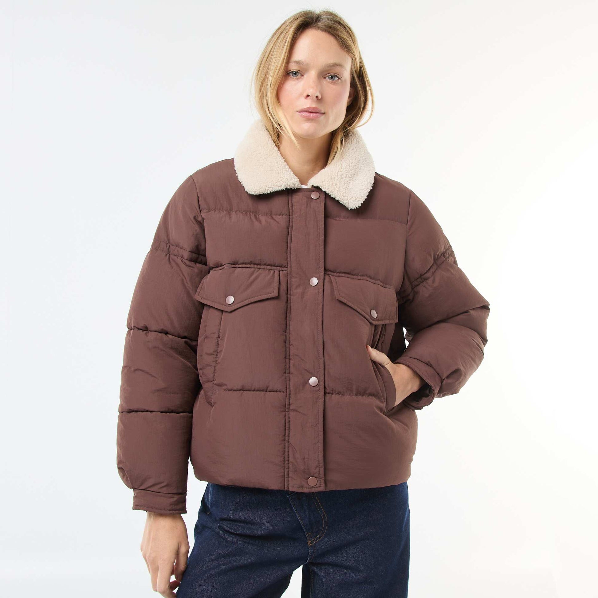Campera acolchada con cuello efecto borreguito MARRON