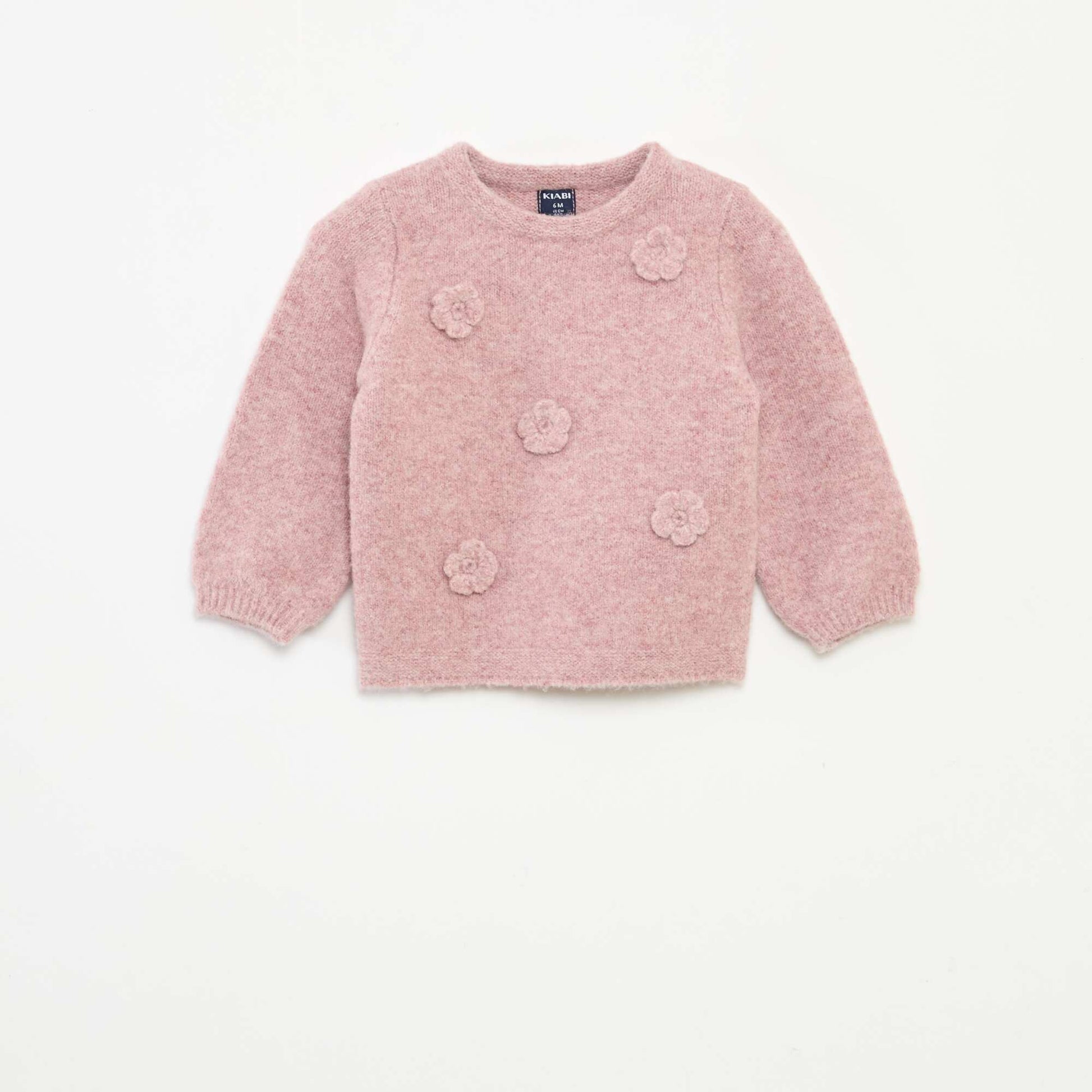Sweater cuello redondo con parche de flores ROSA