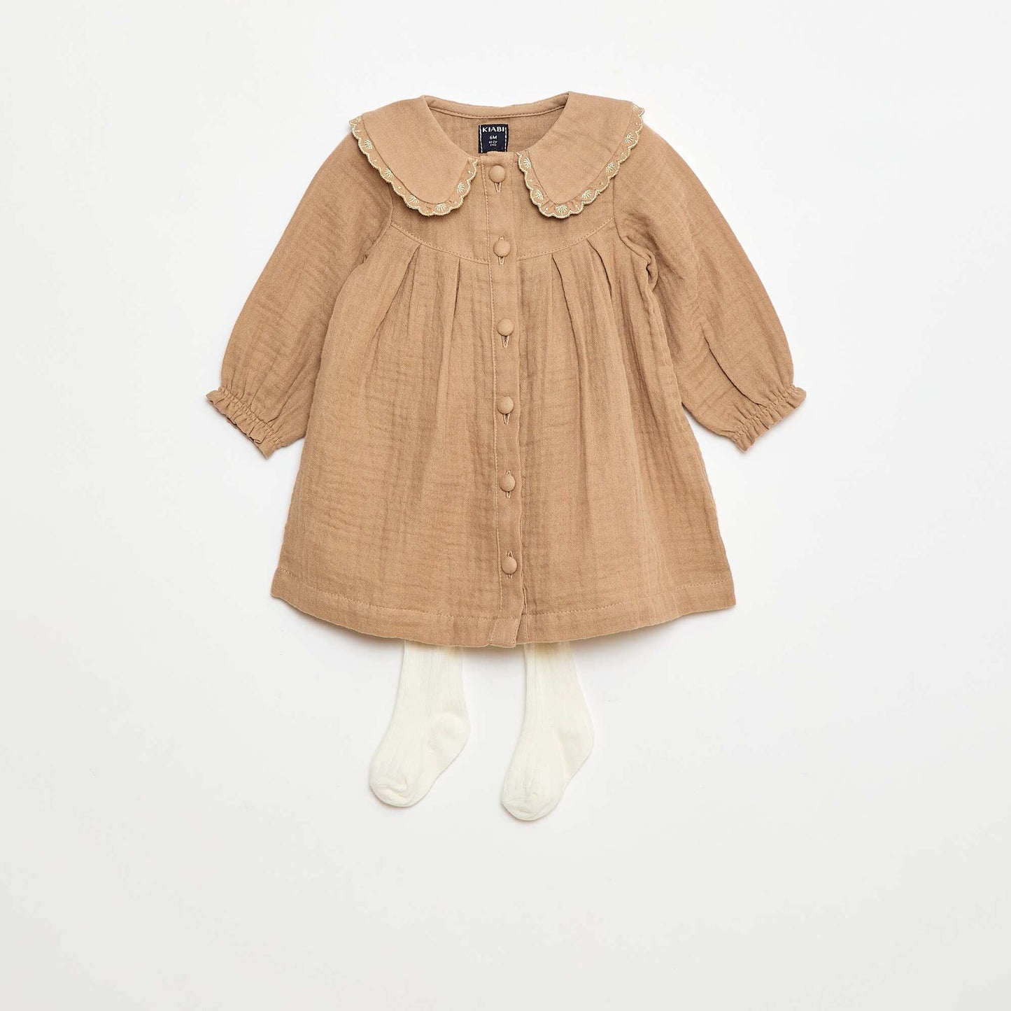 Vestido de manga larga en gasa de algodón MARRON