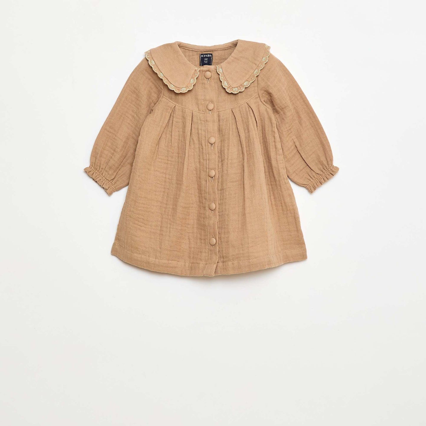 Vestido de manga larga en gasa de algodón MARRON