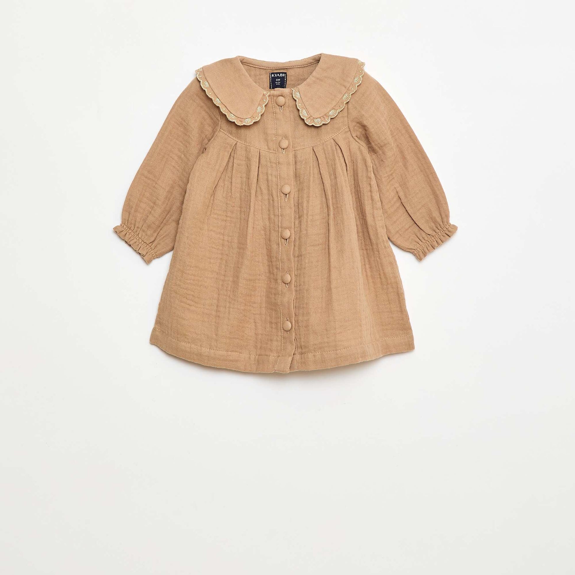 Vestido de manga larga en gasa de algodón MARRON