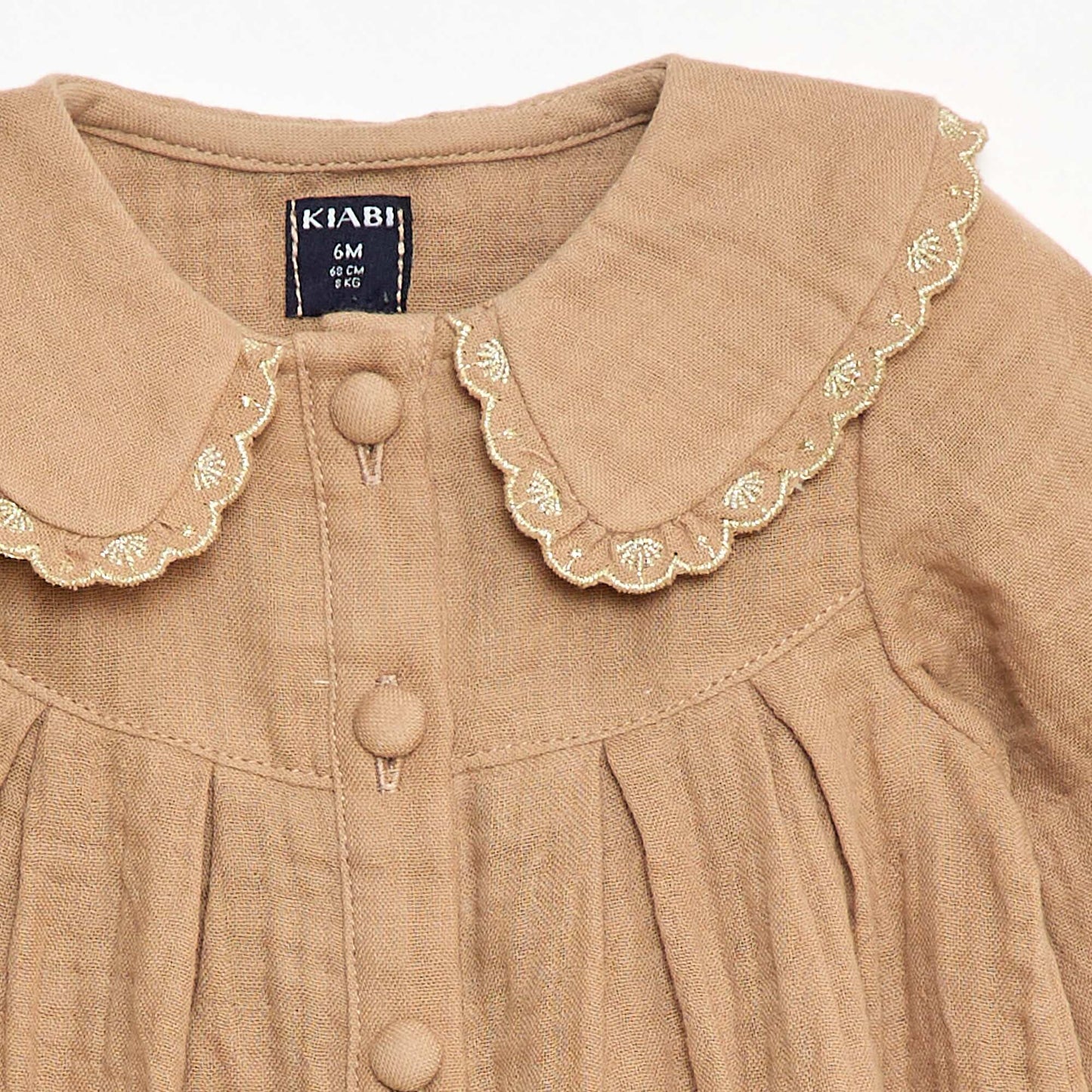 Vestido de manga larga en gasa de algodón MARRON
