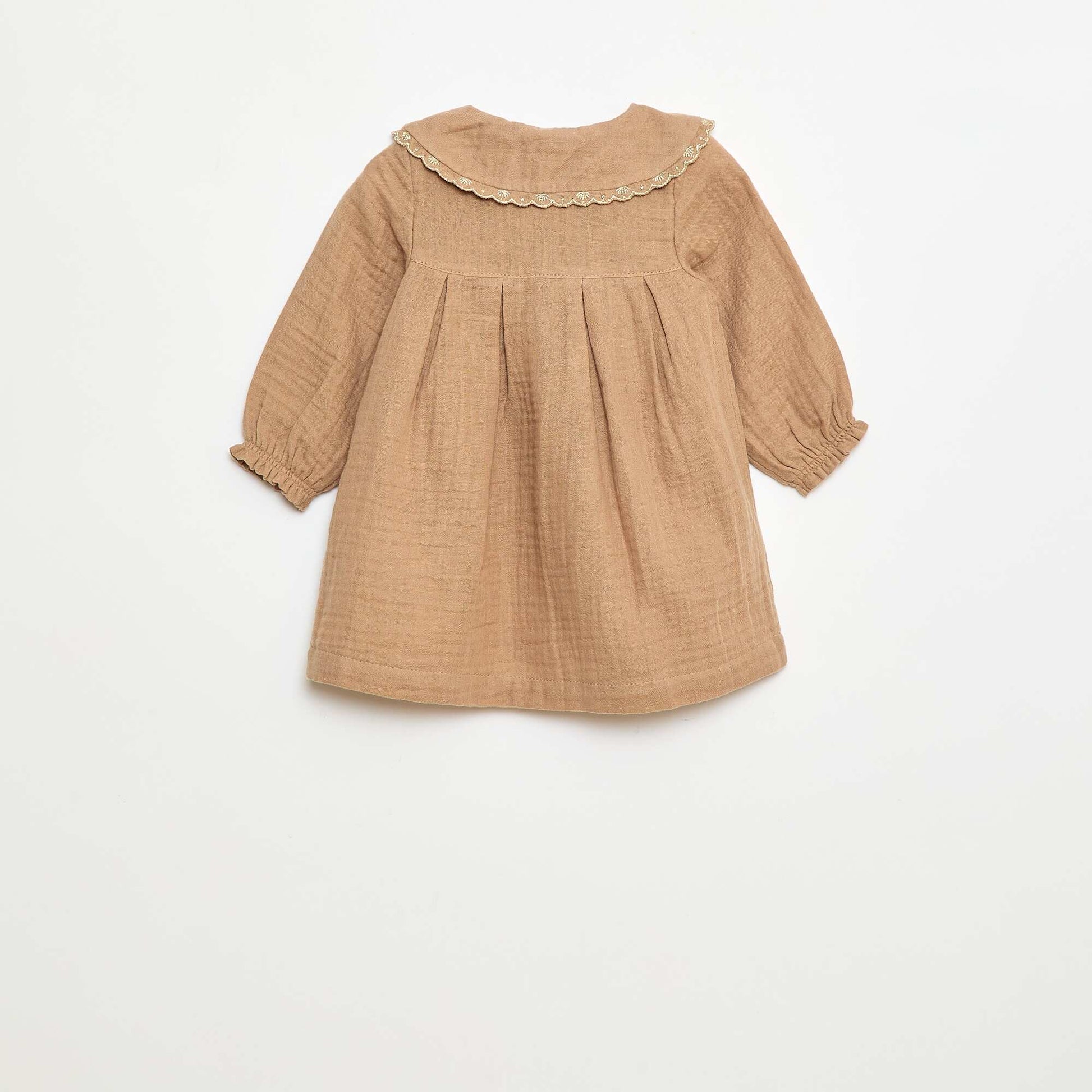 Vestido de manga larga en gasa de algodón MARRON
