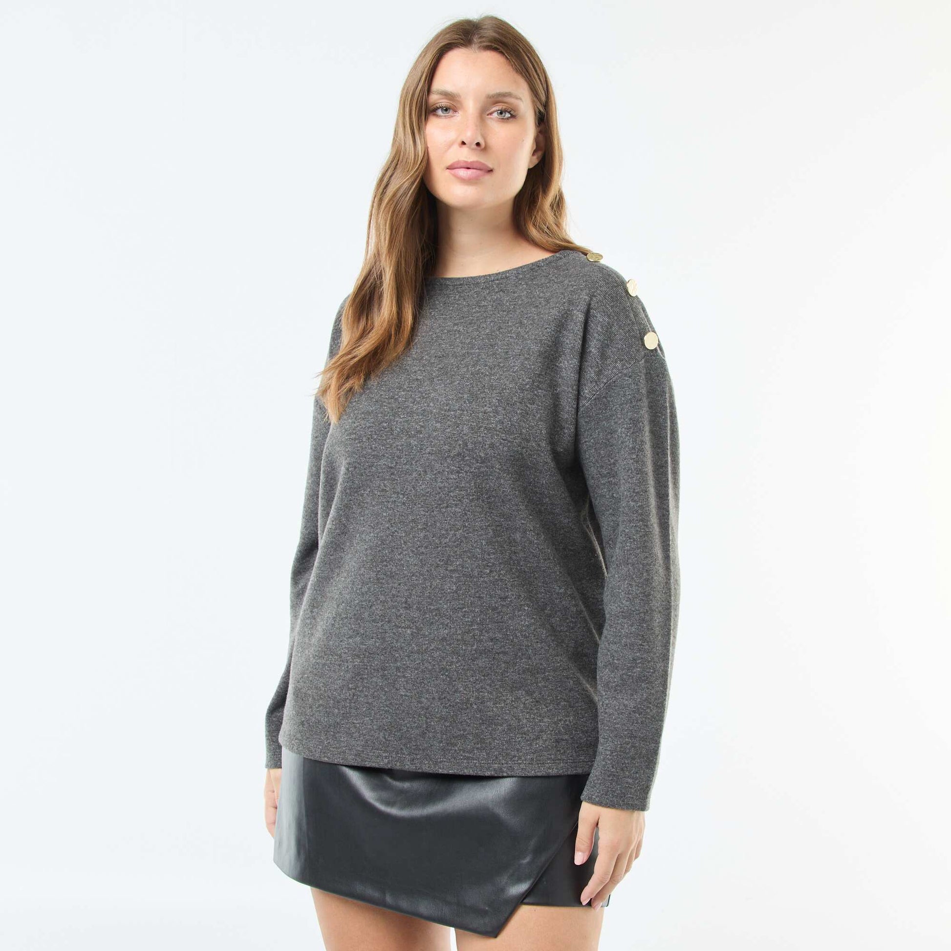 Camiseta de punto suave con botones dorados GRIS