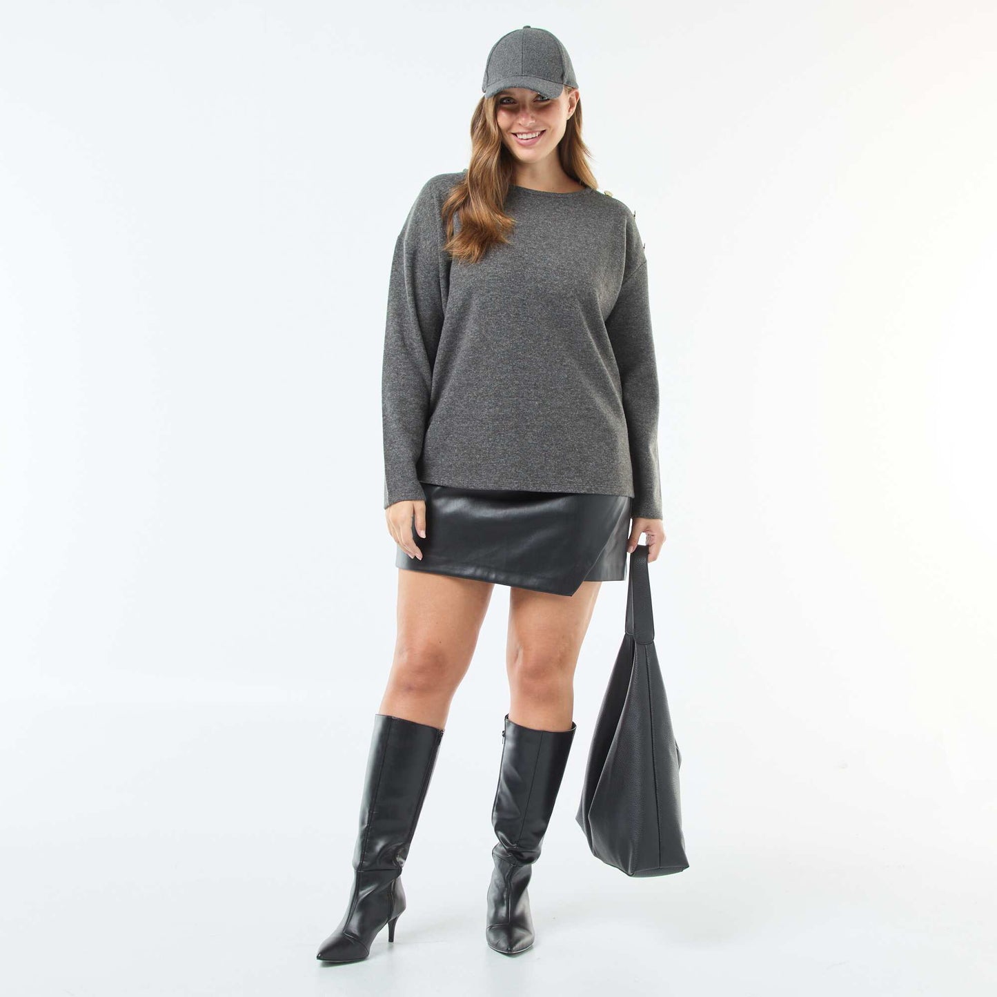 Camiseta de punto suave con botones dorados GRIS