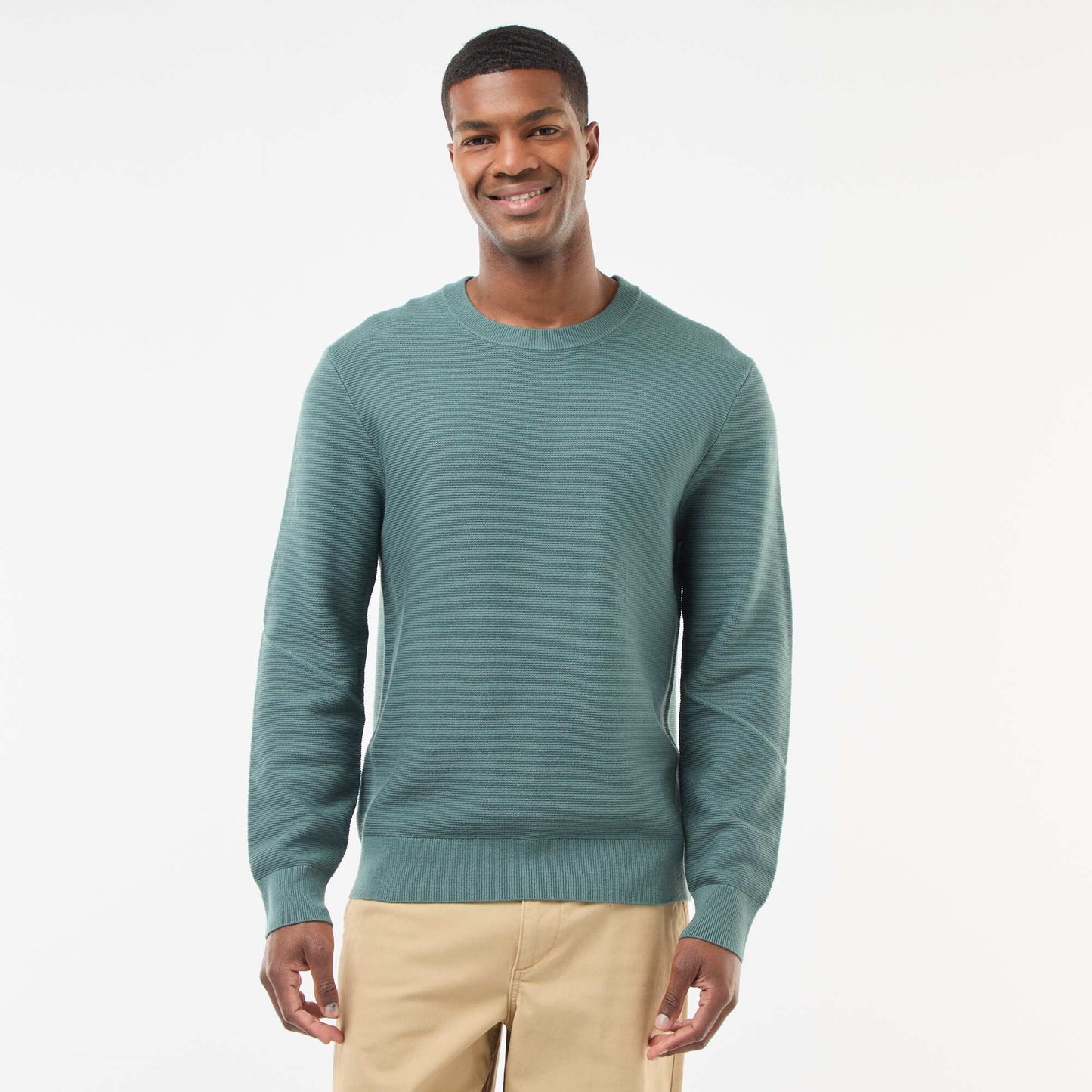 Sweater de punto fino liso con cuello redondo VERDE
