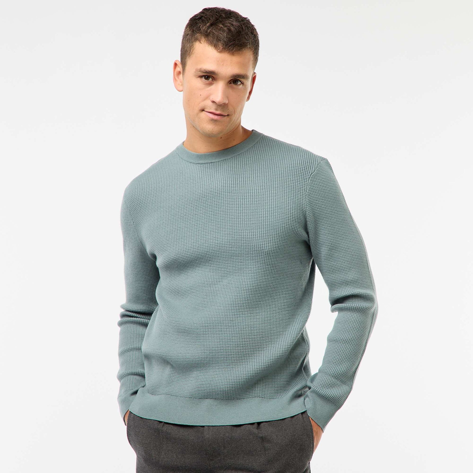 Sweater de punto gofrado liso con cuello redondo AZUL