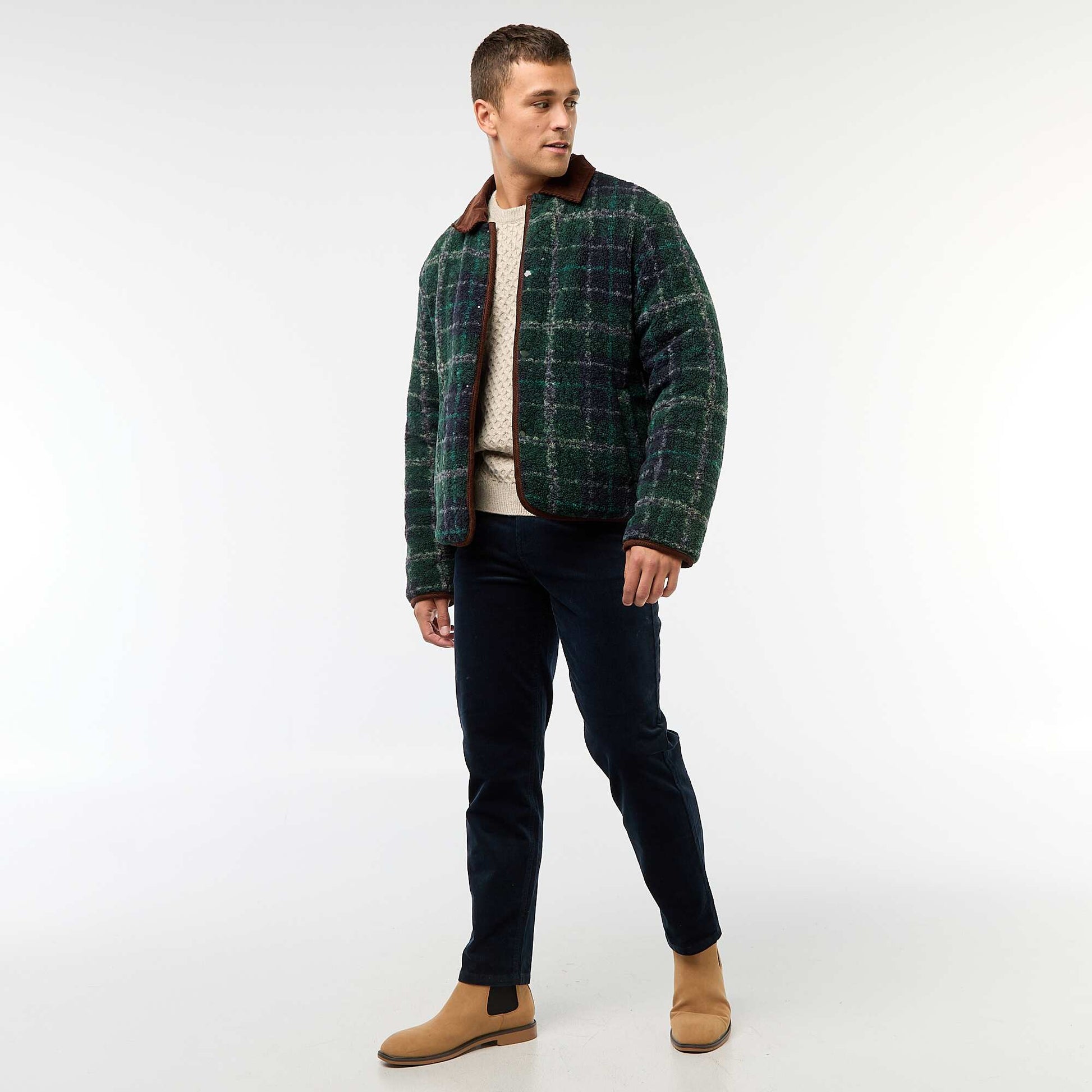 Sweater grueso de punto trenzado liso BEIGE