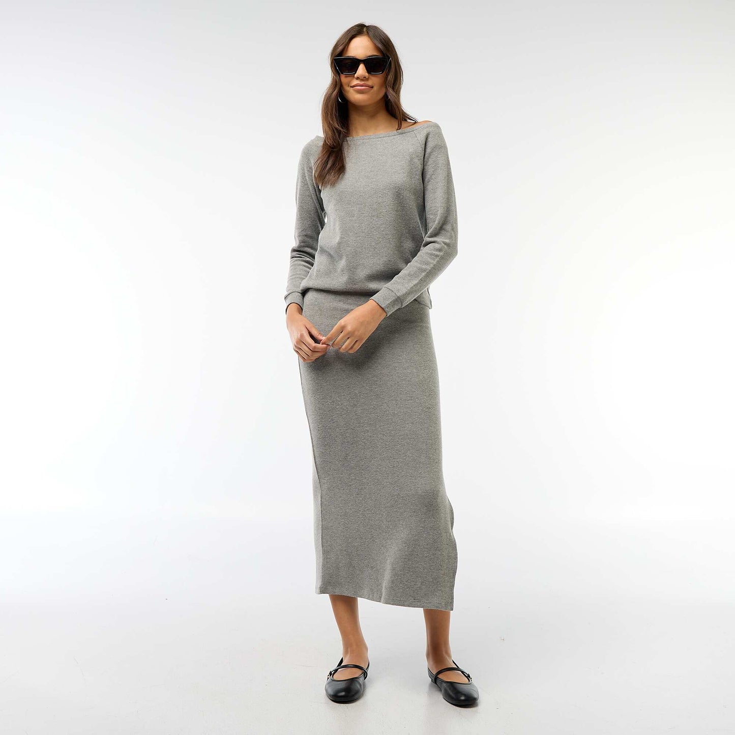 Camiseta de punto suave con cuello Bardot GRIS