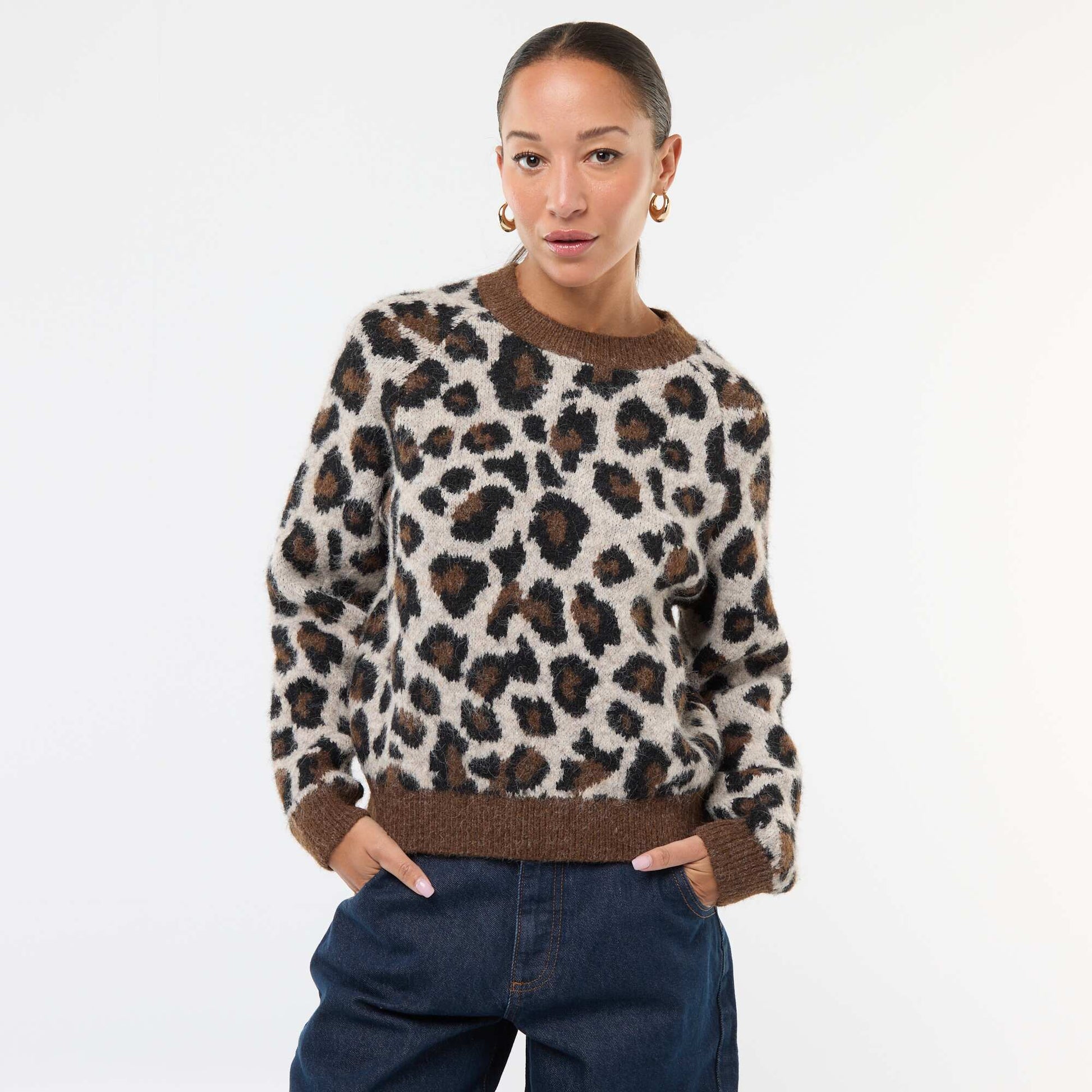 Sweater de jacquard con estampado de leopardo BEIGE
