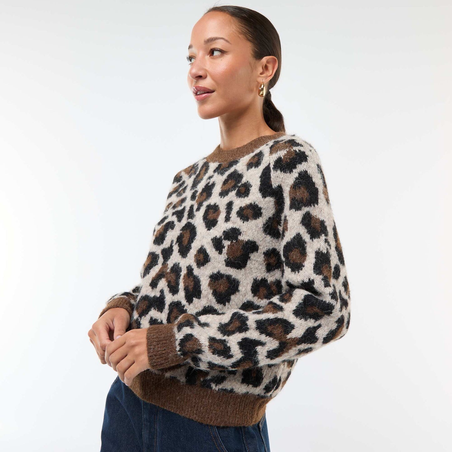 Sweater de jacquard con estampado de leopardo BEIGE