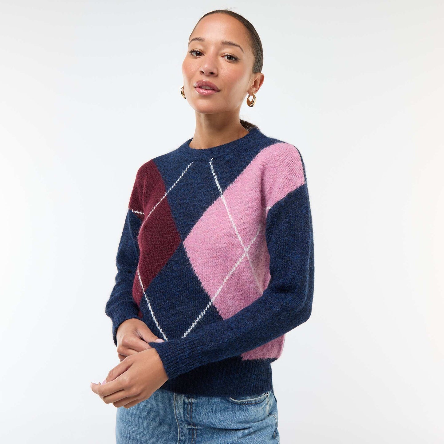 Sweater estampado de cuadros jacquard AZUL
