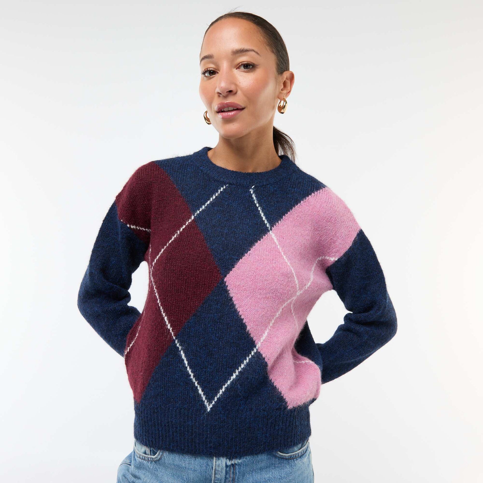 Sweater estampado de cuadros jacquard AZUL