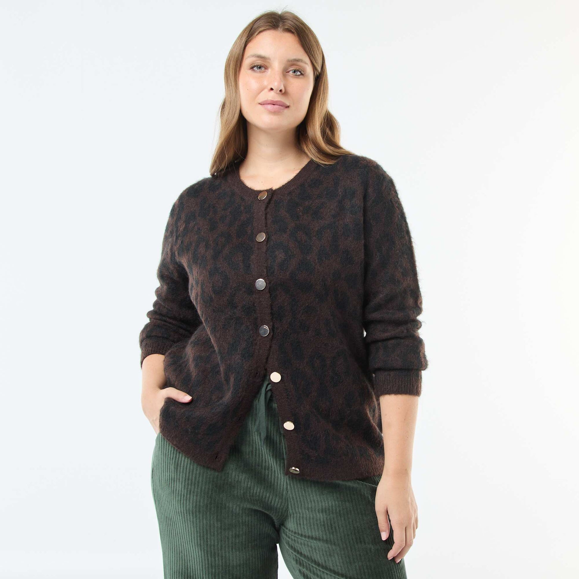 Cárdigan suave con estampado de leopardo BEIGE