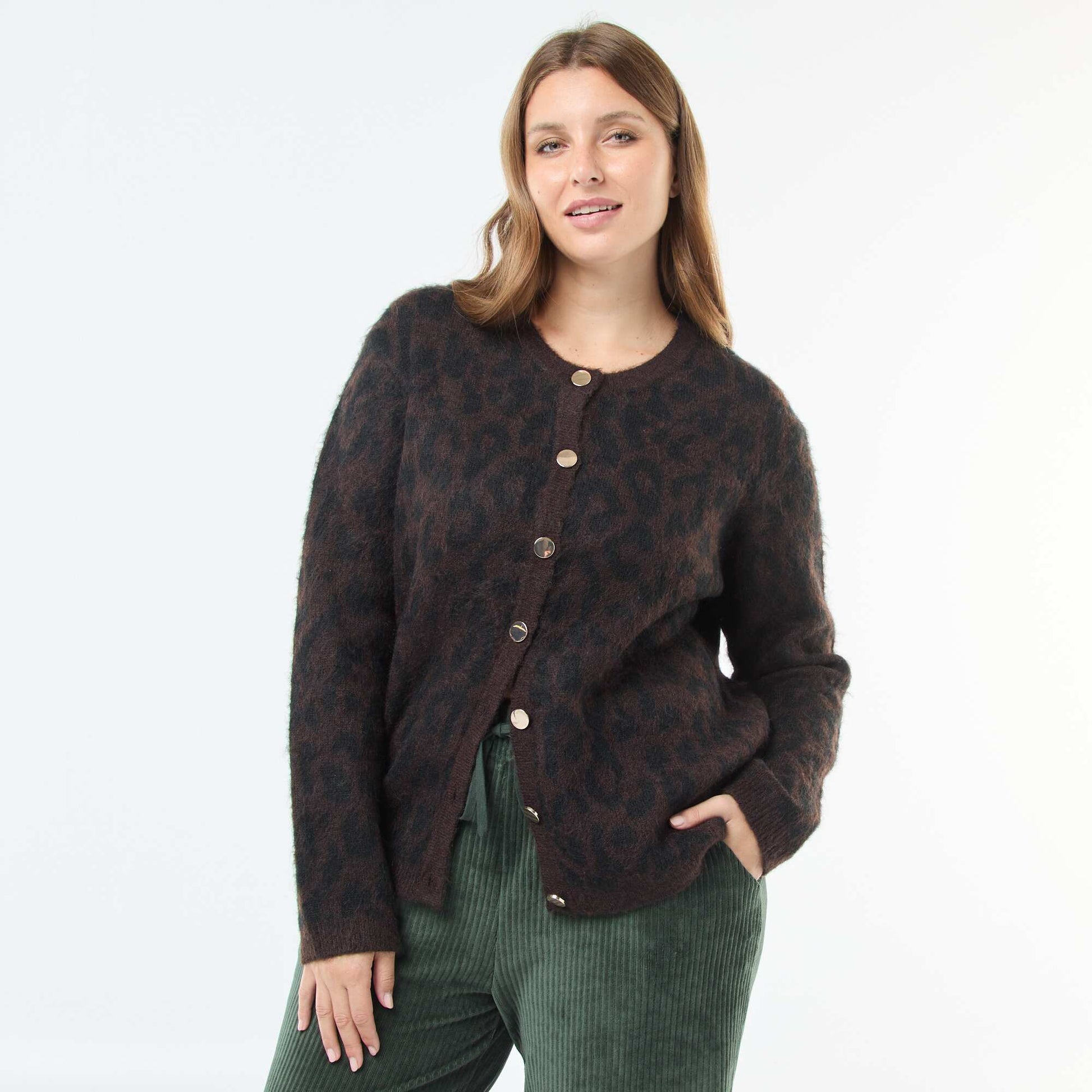 Cárdigan suave con estampado de leopardo BEIGE