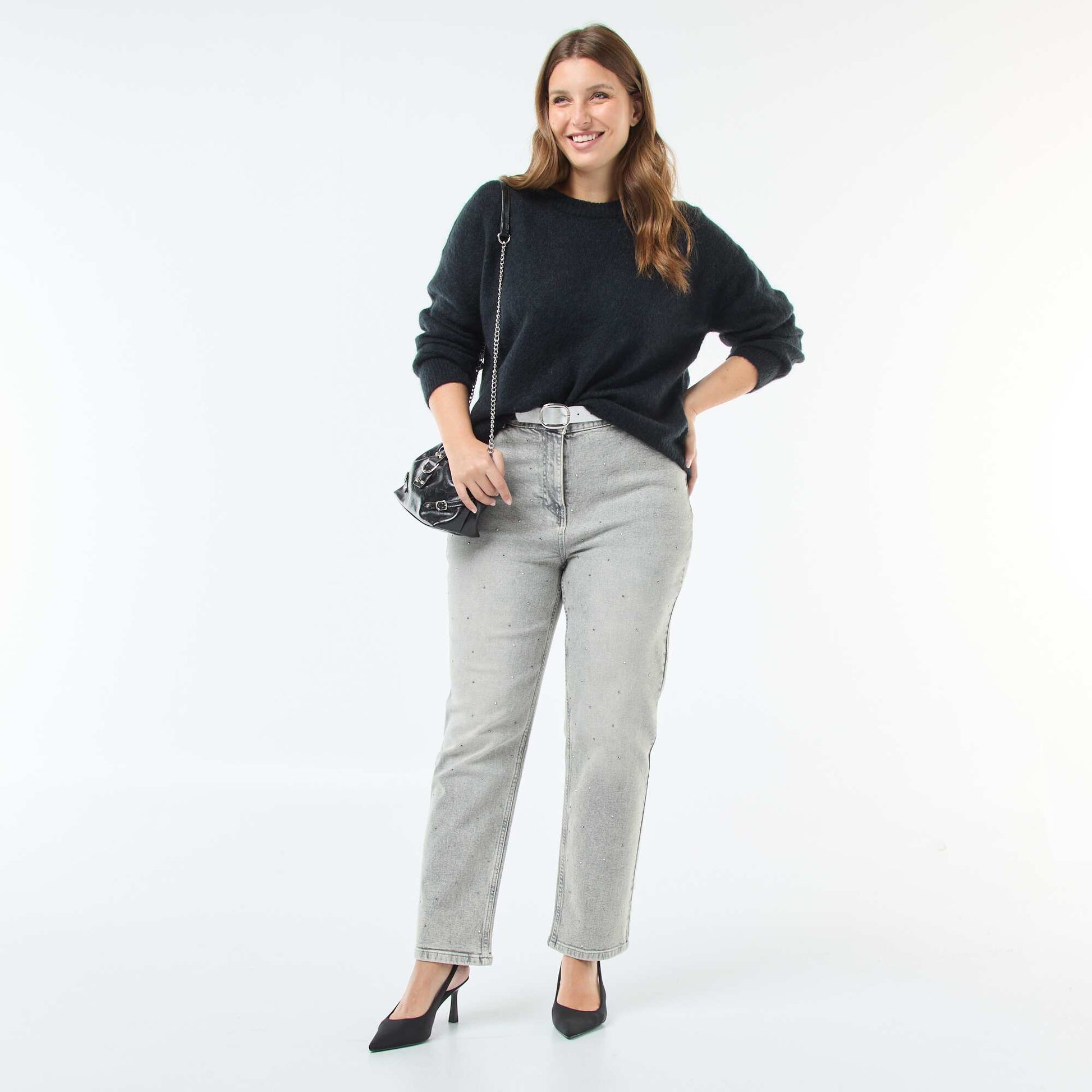 Jean de tiro alto con strass GRIS