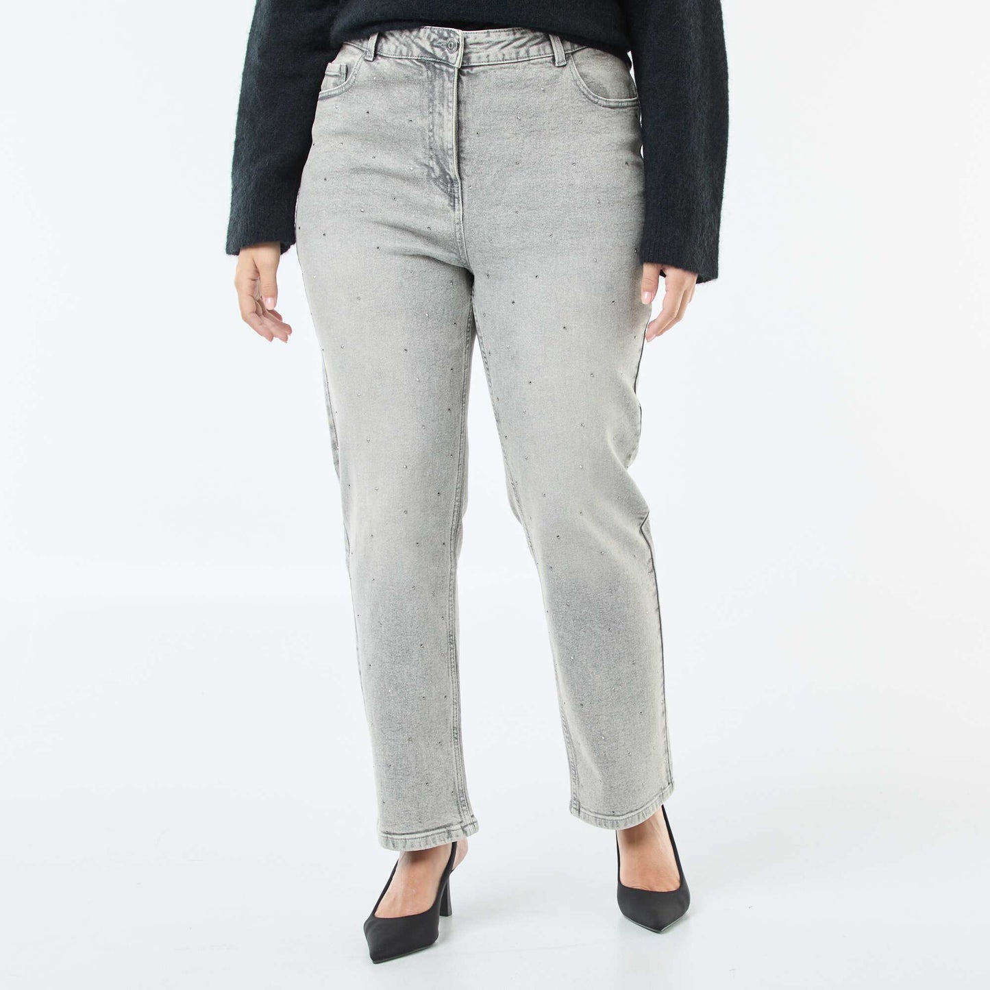 Jean de tiro alto con strass GRIS