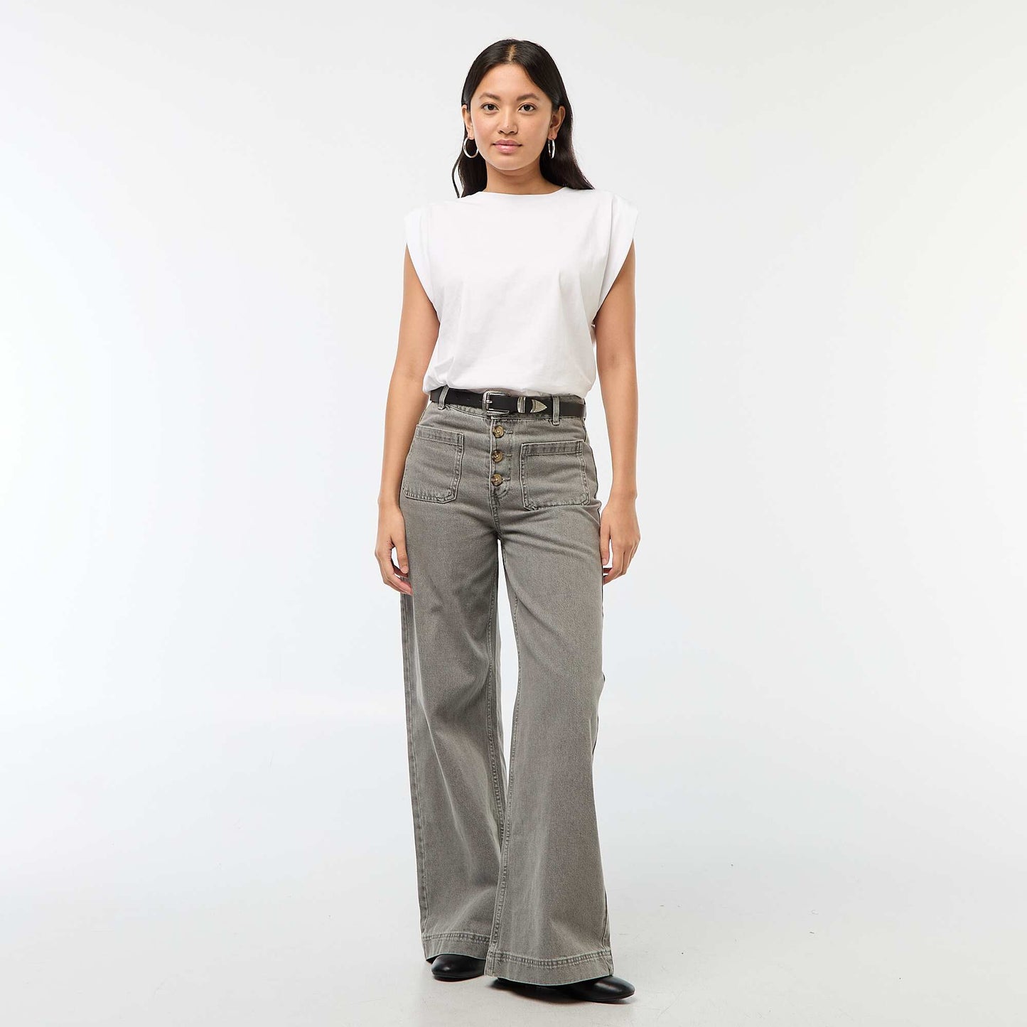 Pantalón jean wide liso GRIS