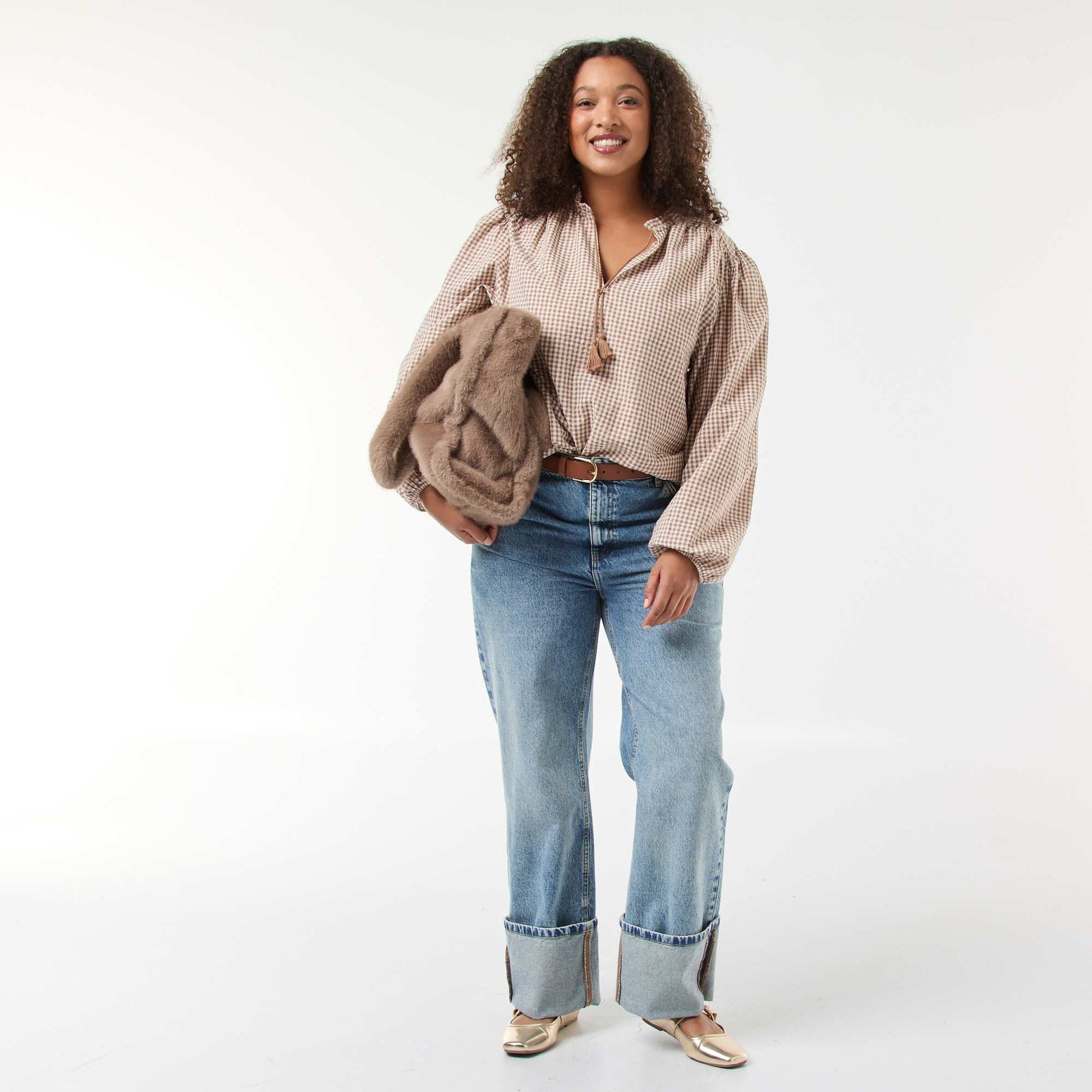 Blusa fluida cuadros vichy BEIGE