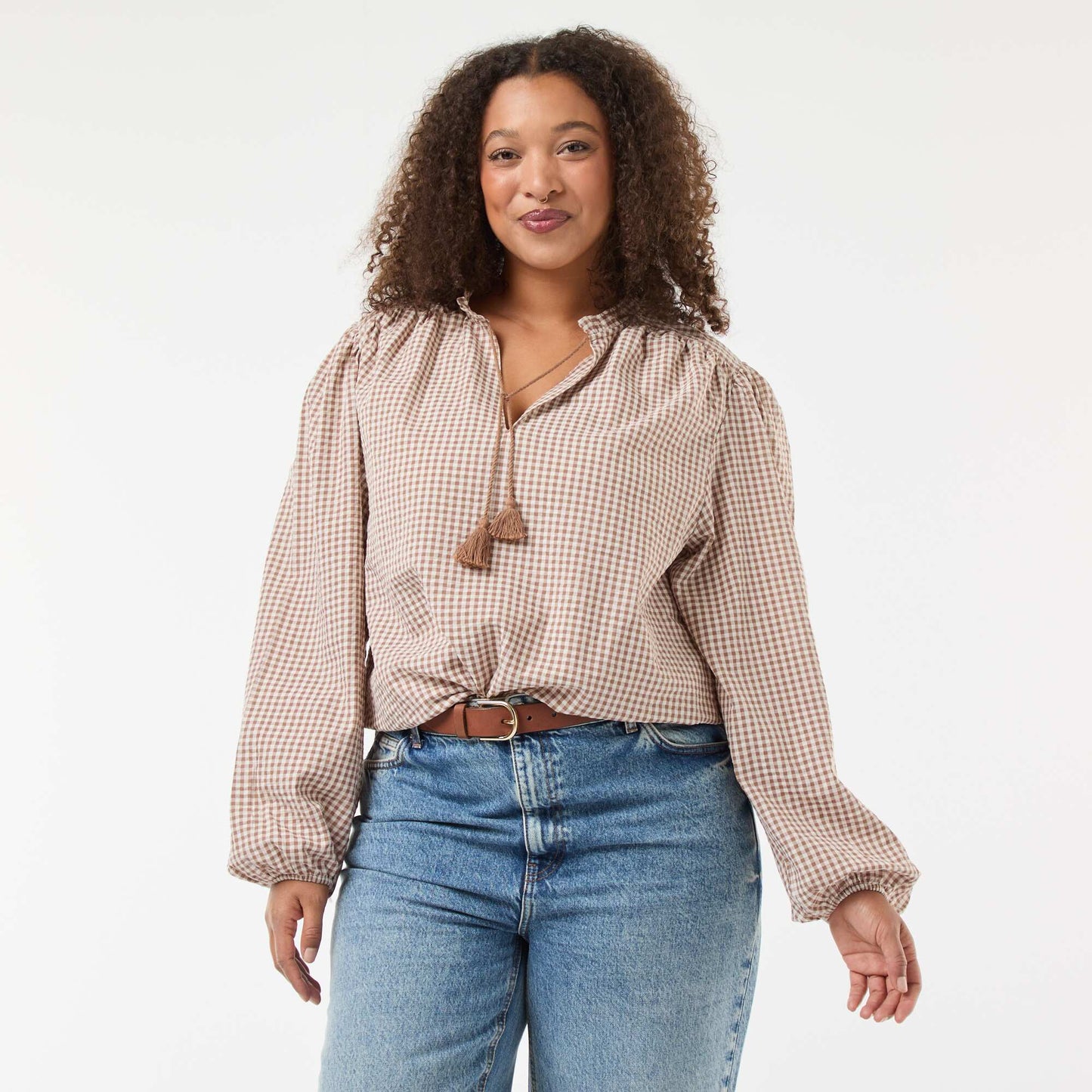 Blusa fluida cuadros vichy BEIGE