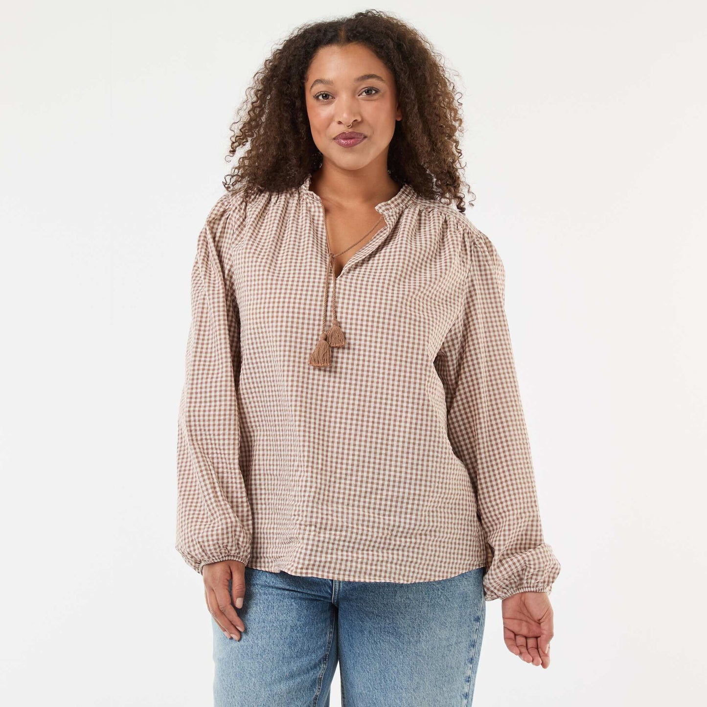 Blusa fluida cuadros vichy BEIGE
