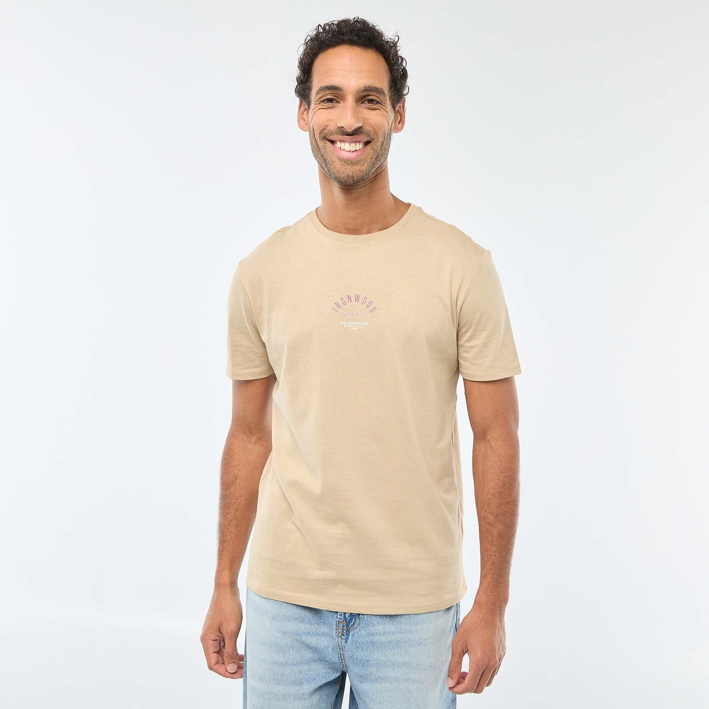 Camiseta de cuello redondo y manga corta estampada BEIGE