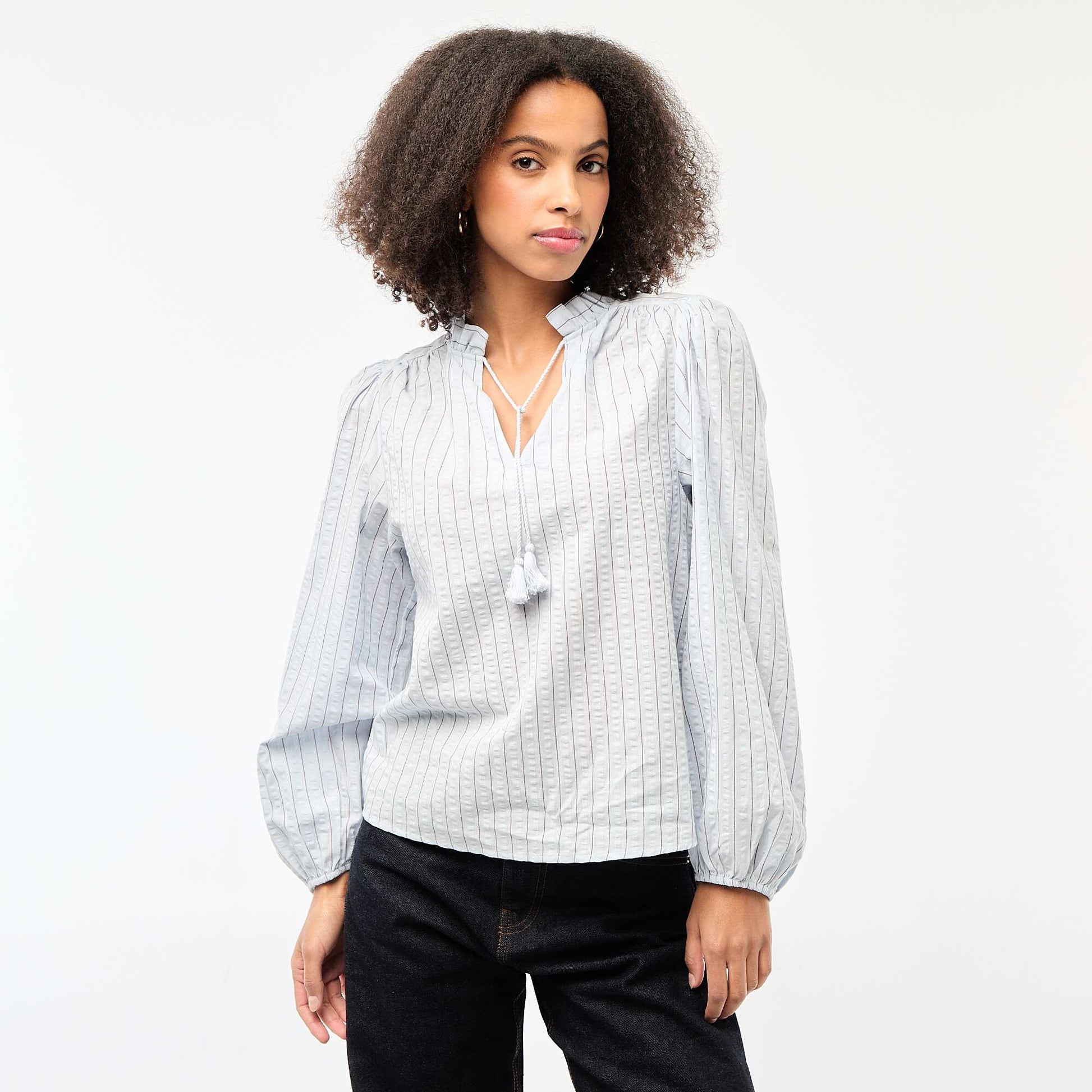 Blusa de manga larga estampado de cuadros AZUL