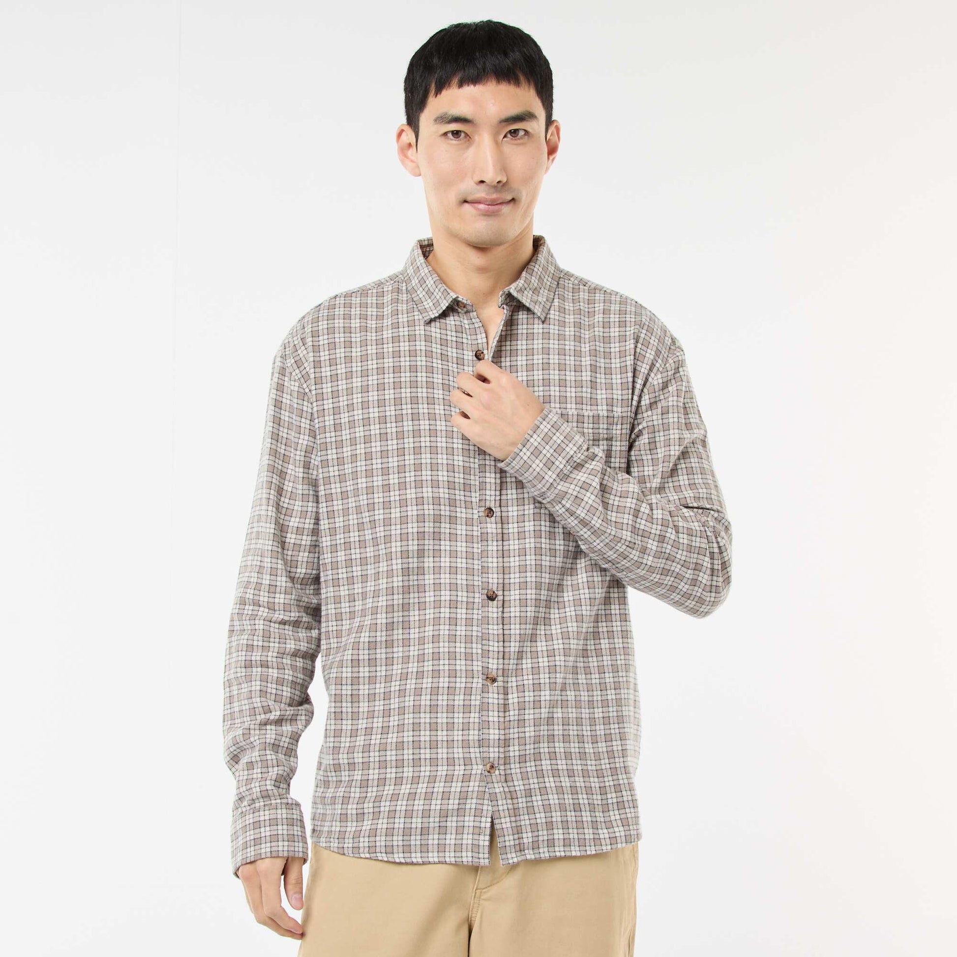 Camisa de cuadros de franela de algodón BEIGE