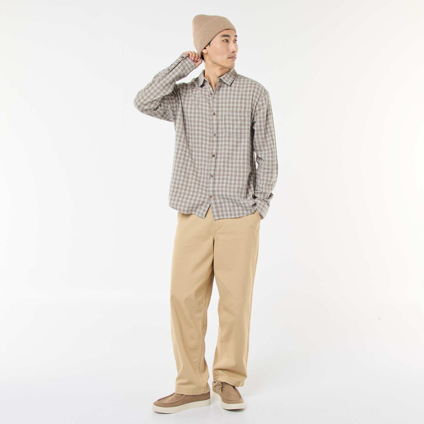 Camisa de cuadros de franela de algodón BEIGE
