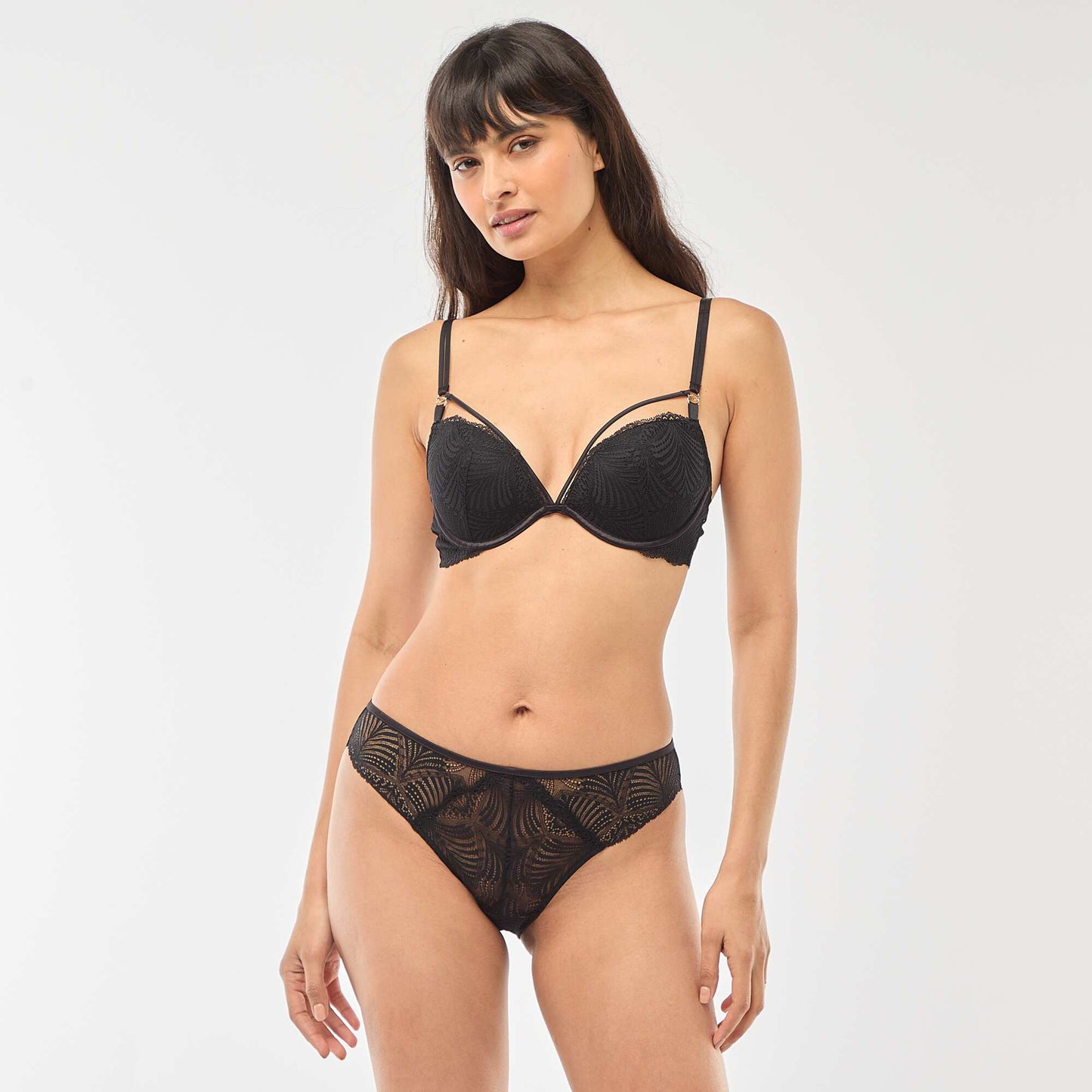 Sujetador push up de encaje con diseño de hojas NEGRO