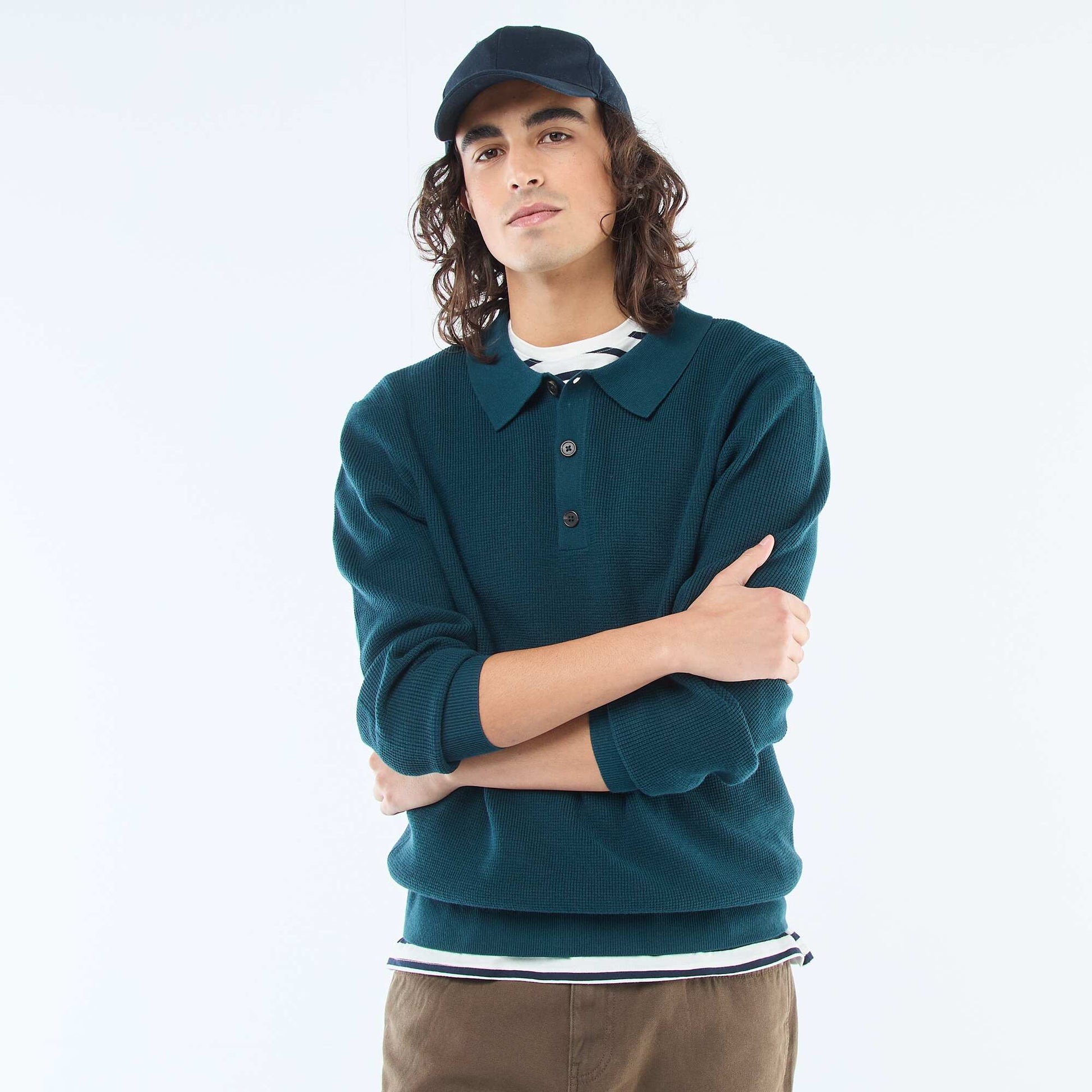Sweater de punto gofrado con cuello remera AZUL