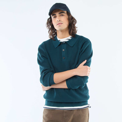 Sweater de punto gofrado con cuello remera AZUL