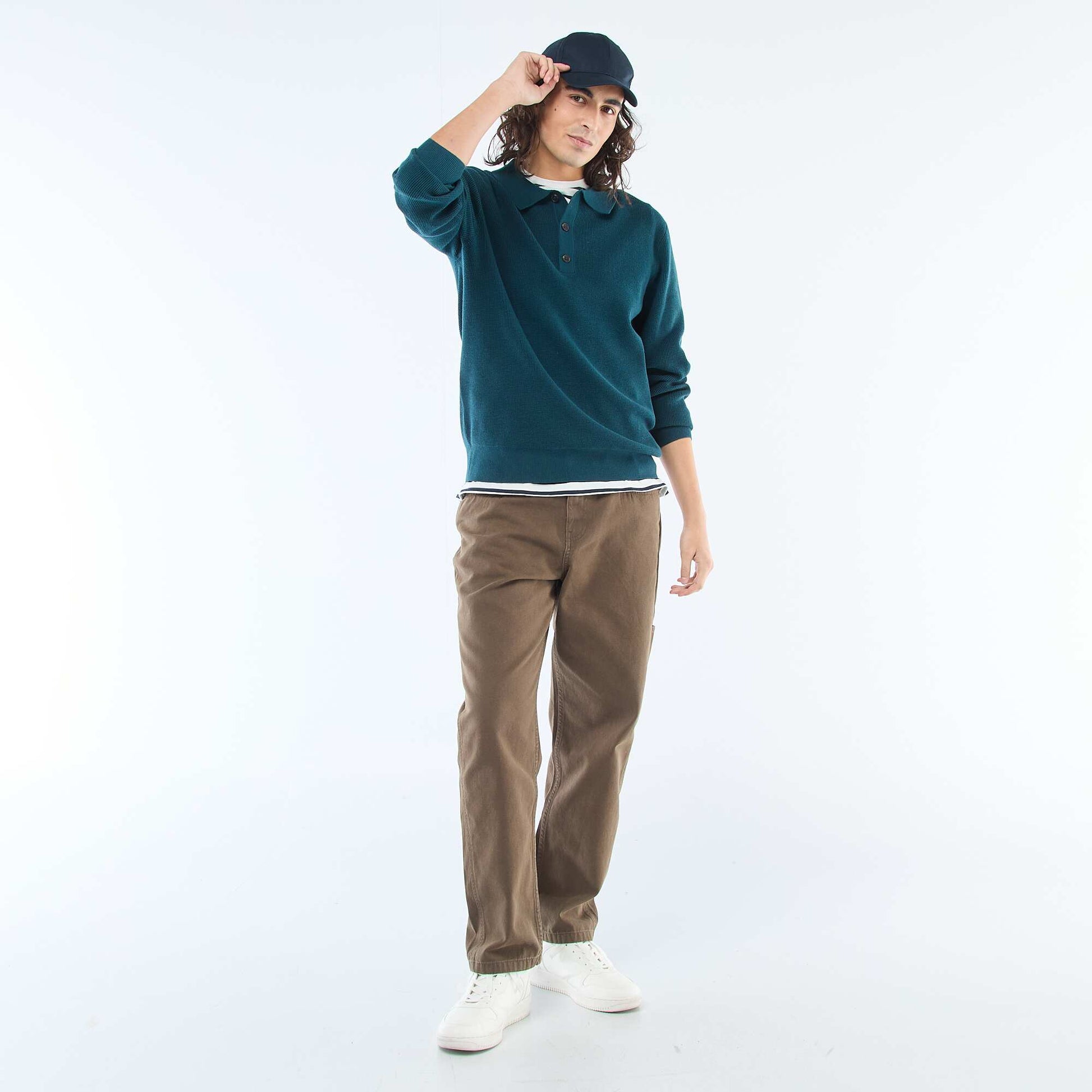 Sweater de punto gofrado con cuello remera AZUL