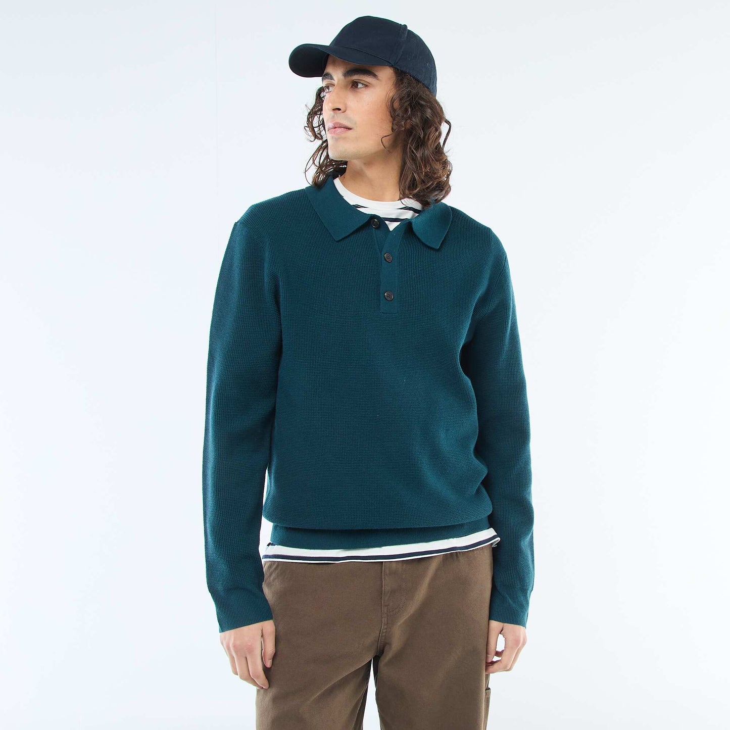 Sweater de punto gofrado con cuello remera AZUL