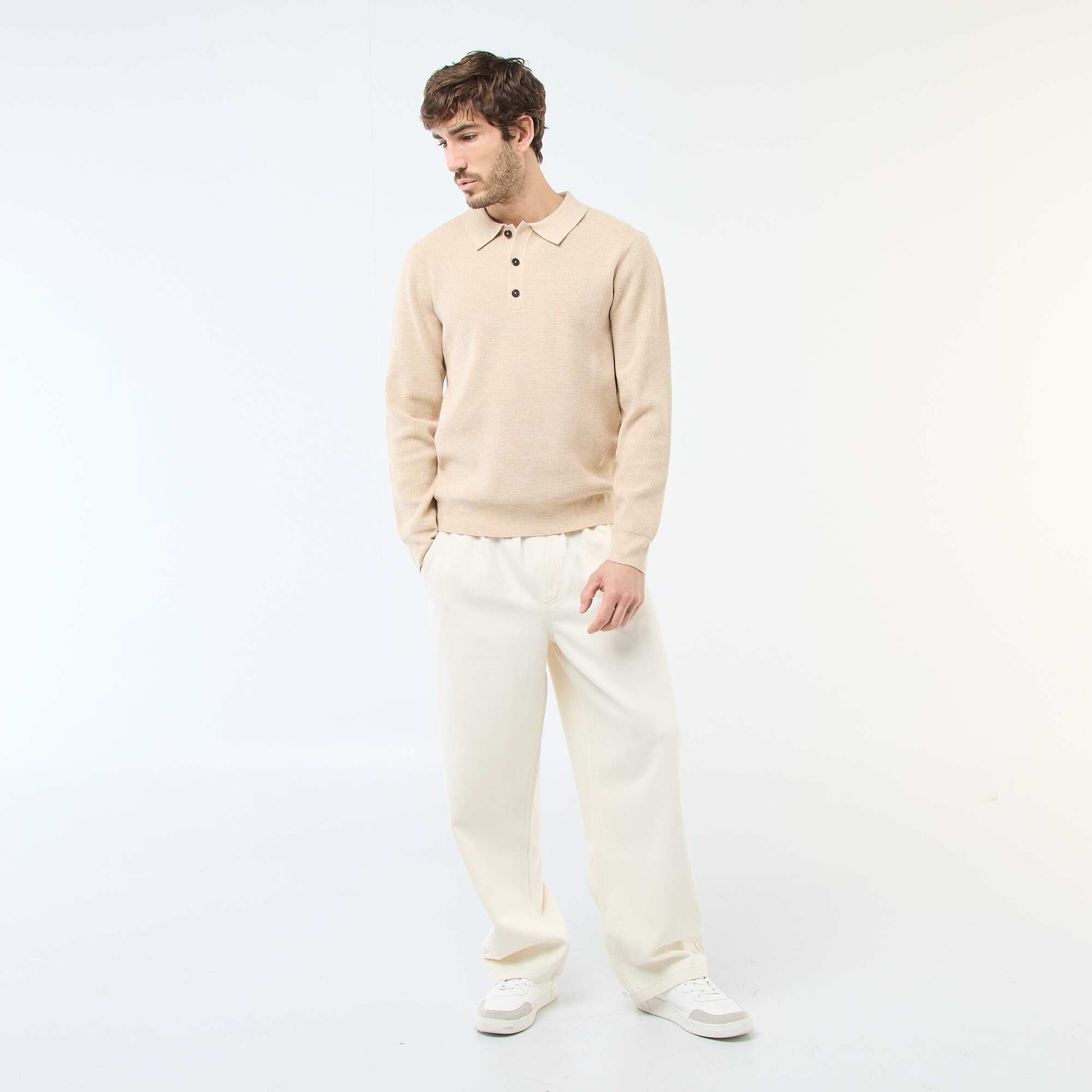 Sweater de punto gofrado con cuello remera BEIGE
