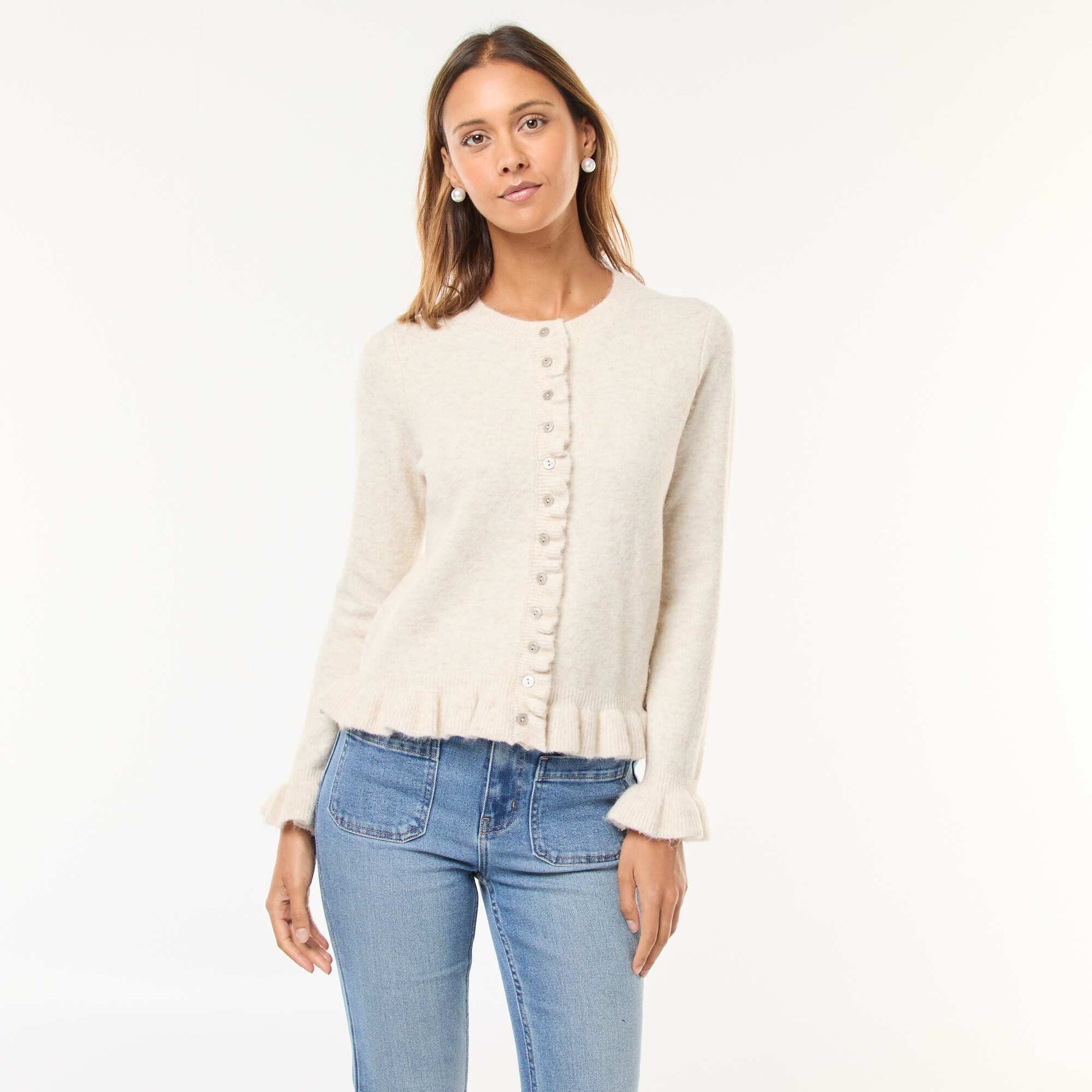 Cárdigan jaspeado con detalles ondulados BEIGE