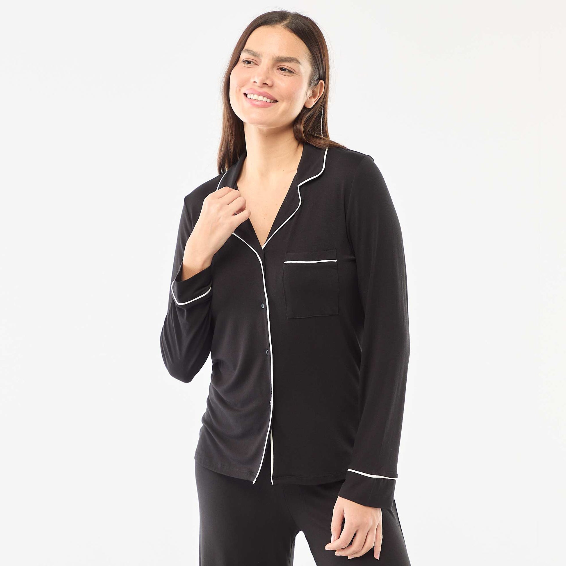 Pijama largo de punto suave elástico - 2 piezas NEGRO