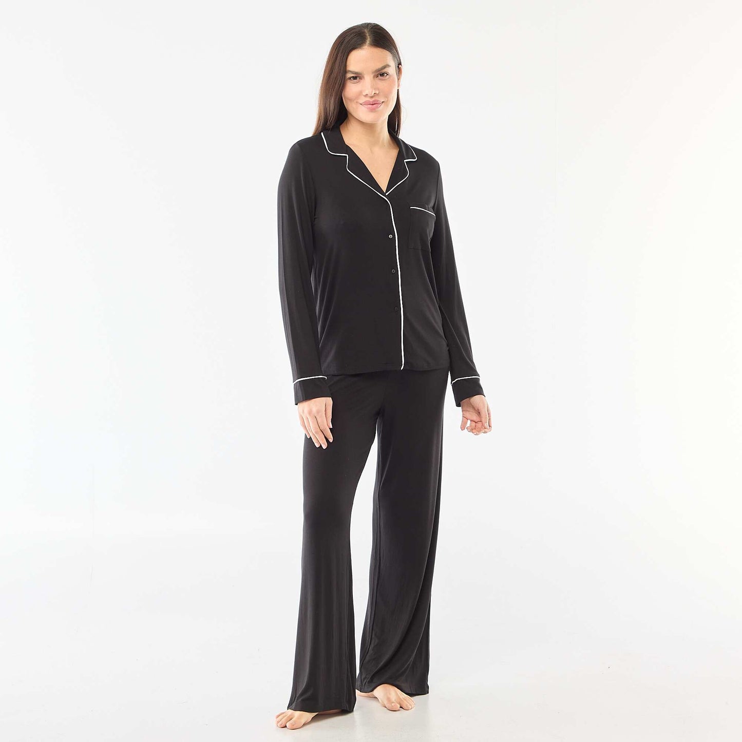 Pijama largo de punto suave elástico - 2 piezas NEGRO