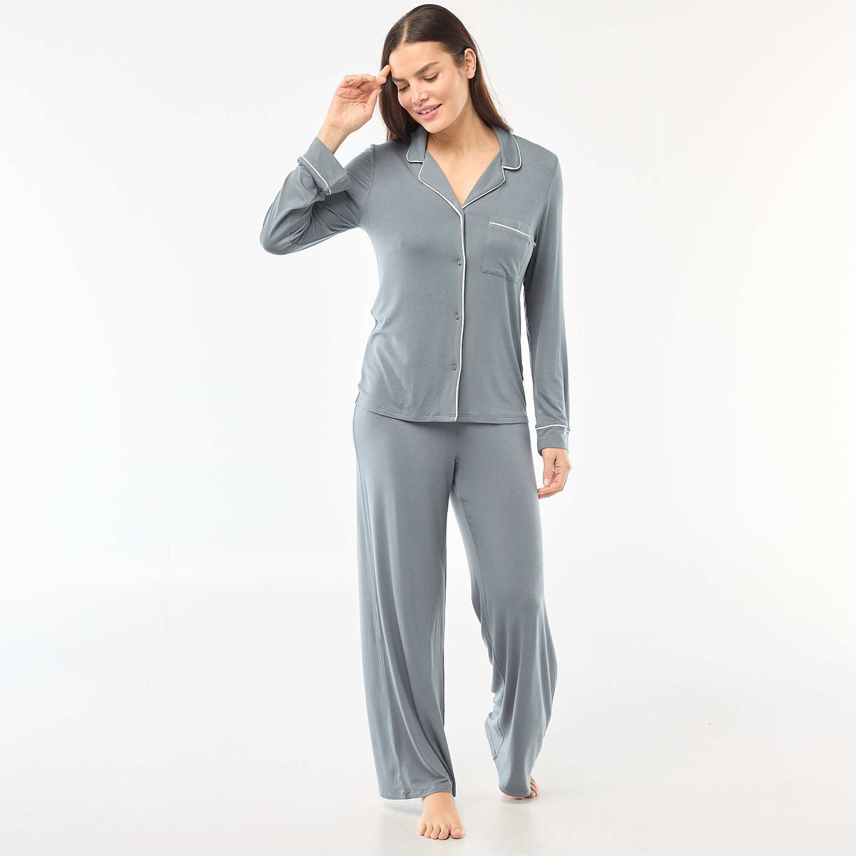 Pijama largo de punto suave elástico - 2 piezas GRIS