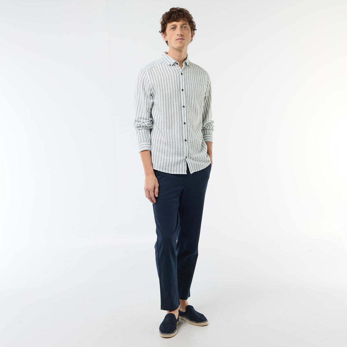 Camisa de lino y algodón a rayas VERDE