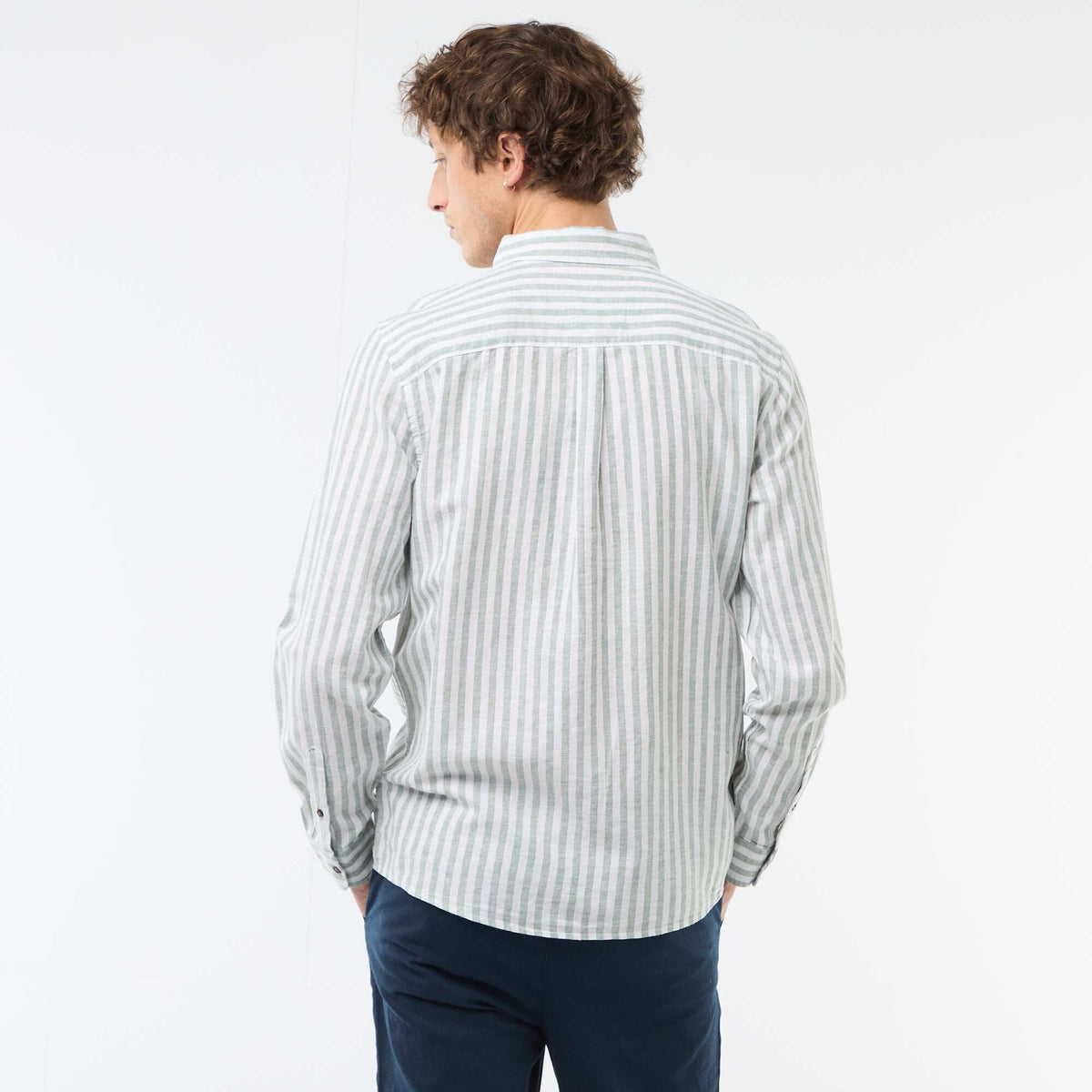 Camisa de lino y algodón a rayas VERDE